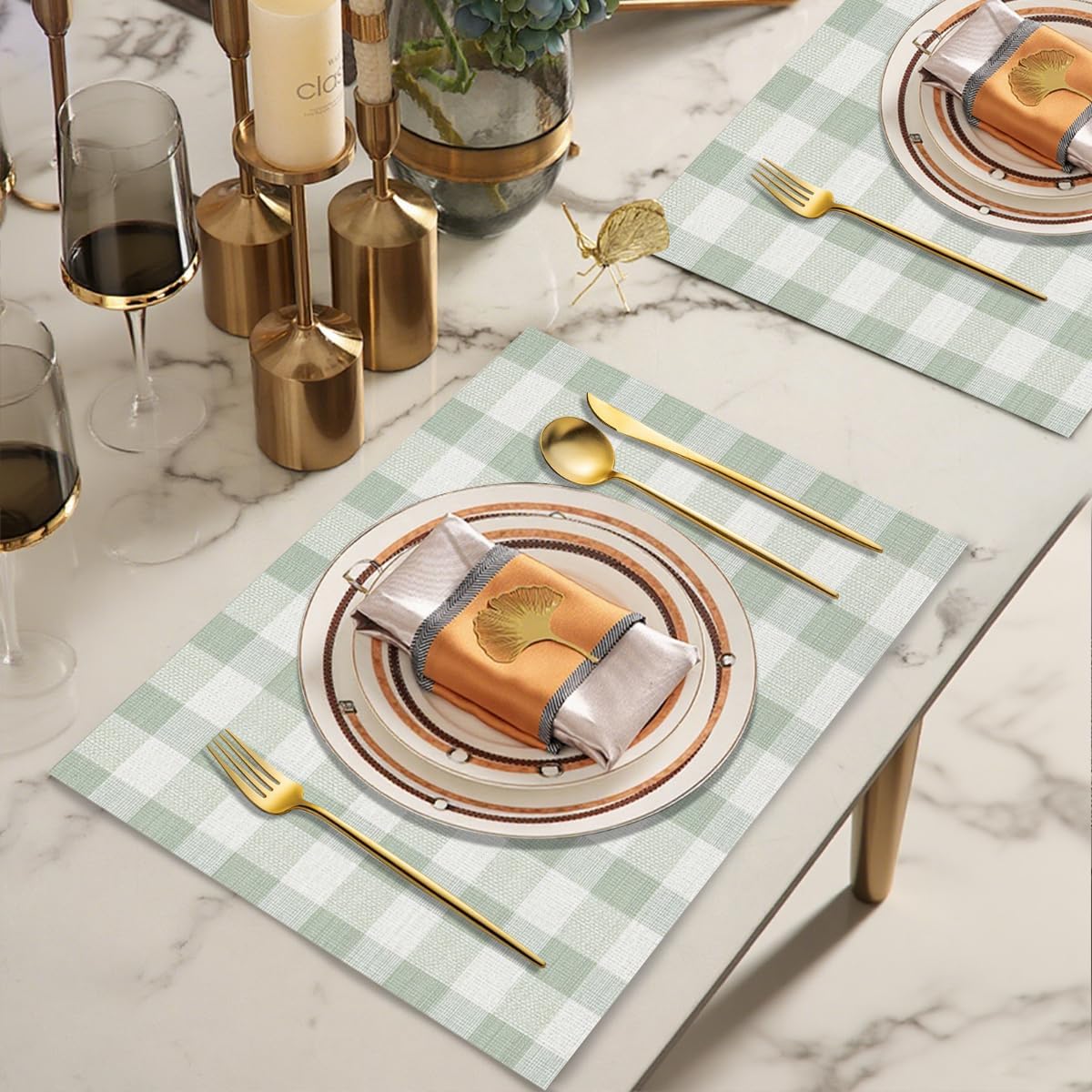 Spring Summer Vinyl Placemats Set of 6 for Dining Tables,Classic Light Green Gingham Checkered Plaid Kitchen Table Mats Heat Resistant Washable Wipeable PVC Place Mat for Indoor Outdoor Seasonal Party