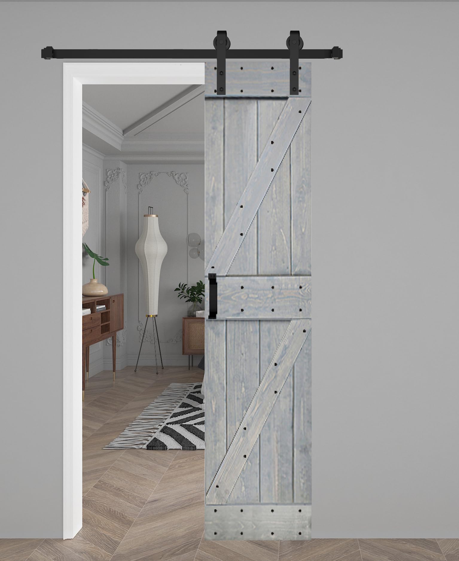 K Series 24in x 84in Solid Wood Barn Door with Hardware Track (French Gray) - Assembly Needed