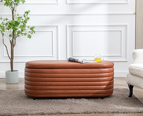 Miniatura 81 de Kmax Banco de almacenamiento de 45 pulgadas, banco otomano tapizado de piel sintética para dormitorio, sala de estar, pasillo, color blanco Oval-