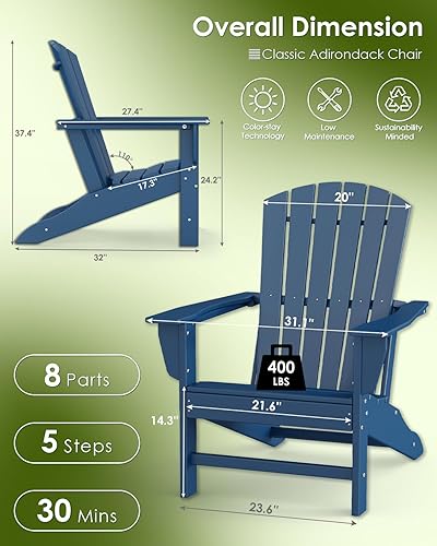 Miniatura 3 de GREENVINES Juego de 2 sillas Adirondack  Plástico de polietileno de alta densidad  Silla de gran tamaño para fogata  Todo tipo de clima  Azul