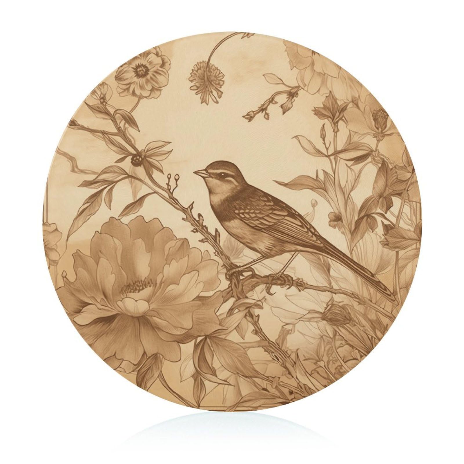 Planche à découper ronde en verre décor oiseaux pour cuisine