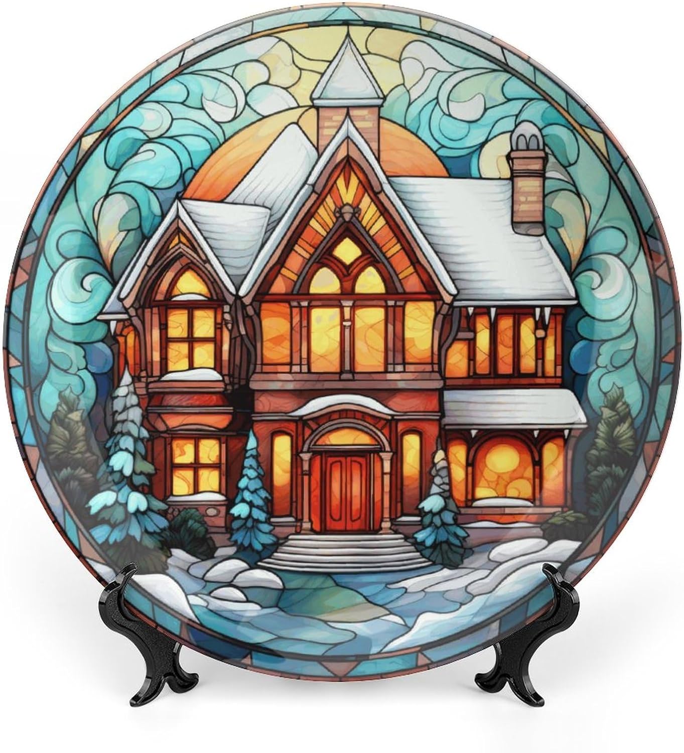 Xmas Decorative Plates, Winter House and Pine Tree Display Plate for Home Office Kitchen Table Decor, Stained Glass Painting Porcelain Plates Xmas Ornament 8 Inch