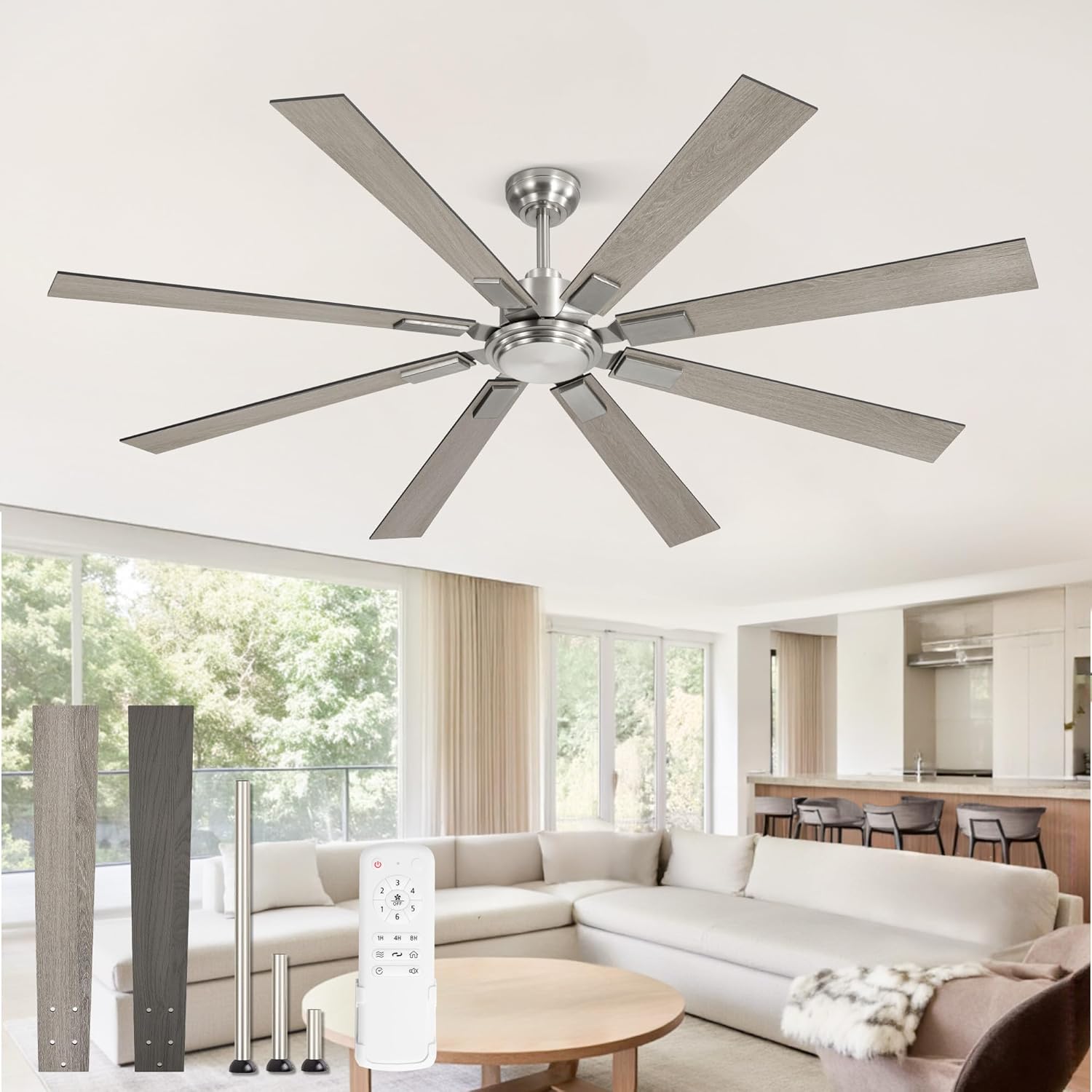 Large Ceiling Fan No Light: Modern 72 Inch 8 Blade Outdoor Ceiling Fans with Remote APP Control - Black Big Fan without Light Indoor Reversible 6 Speed Quiet DC Motor