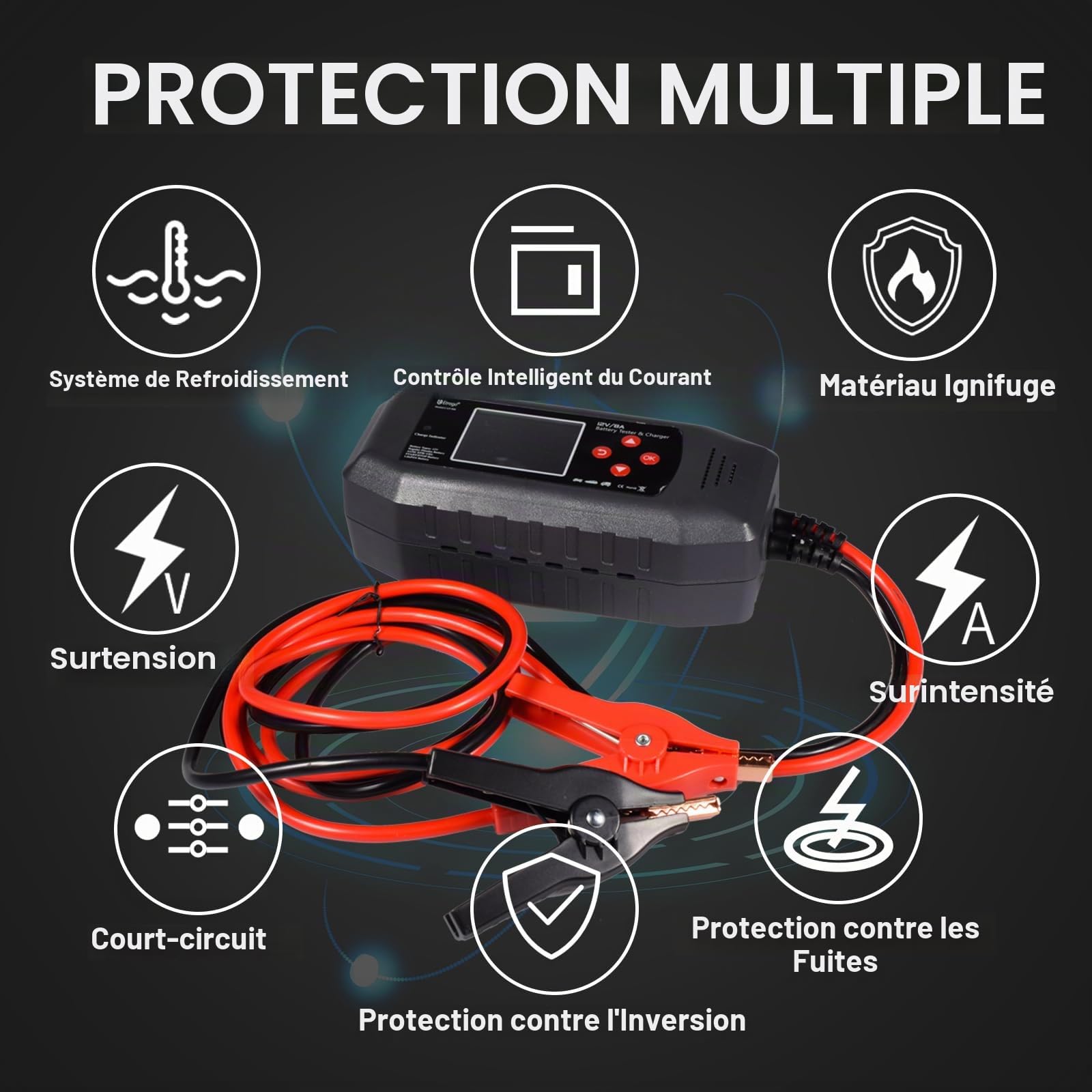 Etrogo Chargeur-Testeur de Batterie 2-en-1 Intelligent 12V | Universel AGM/EFB/LiFePO4 + Désulfatation • -20°C à 50°C pour Voitures, Camions, Bateaux