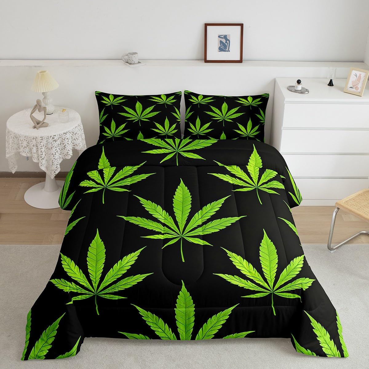 Erosebridal Bohemia Leaves Comforter Set, Adult Exotic Leaves Quilt Set, Rustic Bedding Set Twin Size, Soft Comforters Bedroom Decor, Green Black