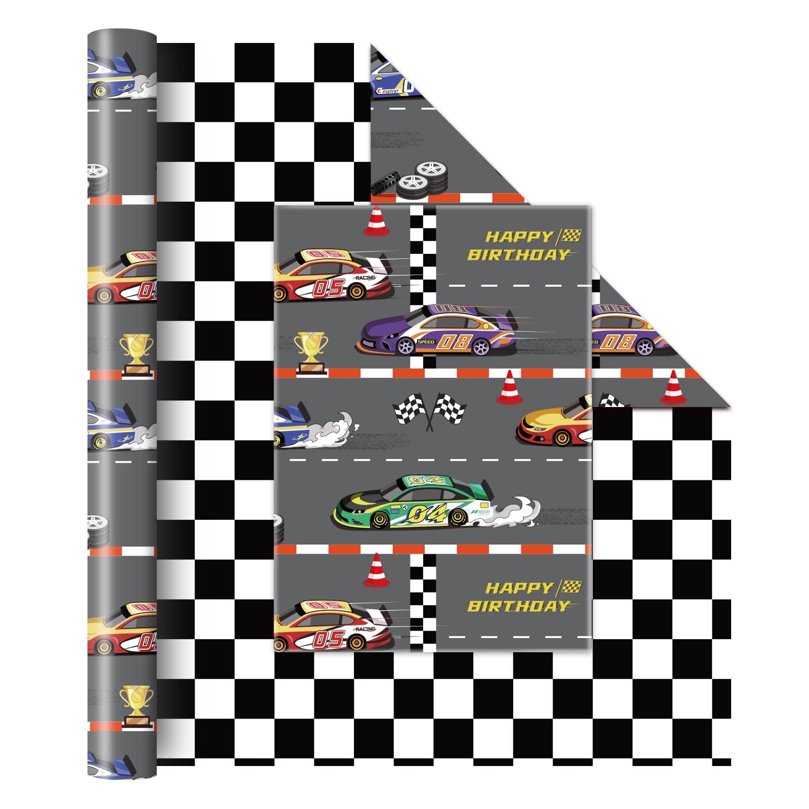 WERNNSAI Racing Car Wrapping Paper - 1 Roll 17” x 33 ft Car Birthday Wrapping Paper Kids Boys Gift Wrap Reversible Birthday Present Packing Decoration Race Cars with Checkered Design — image 1