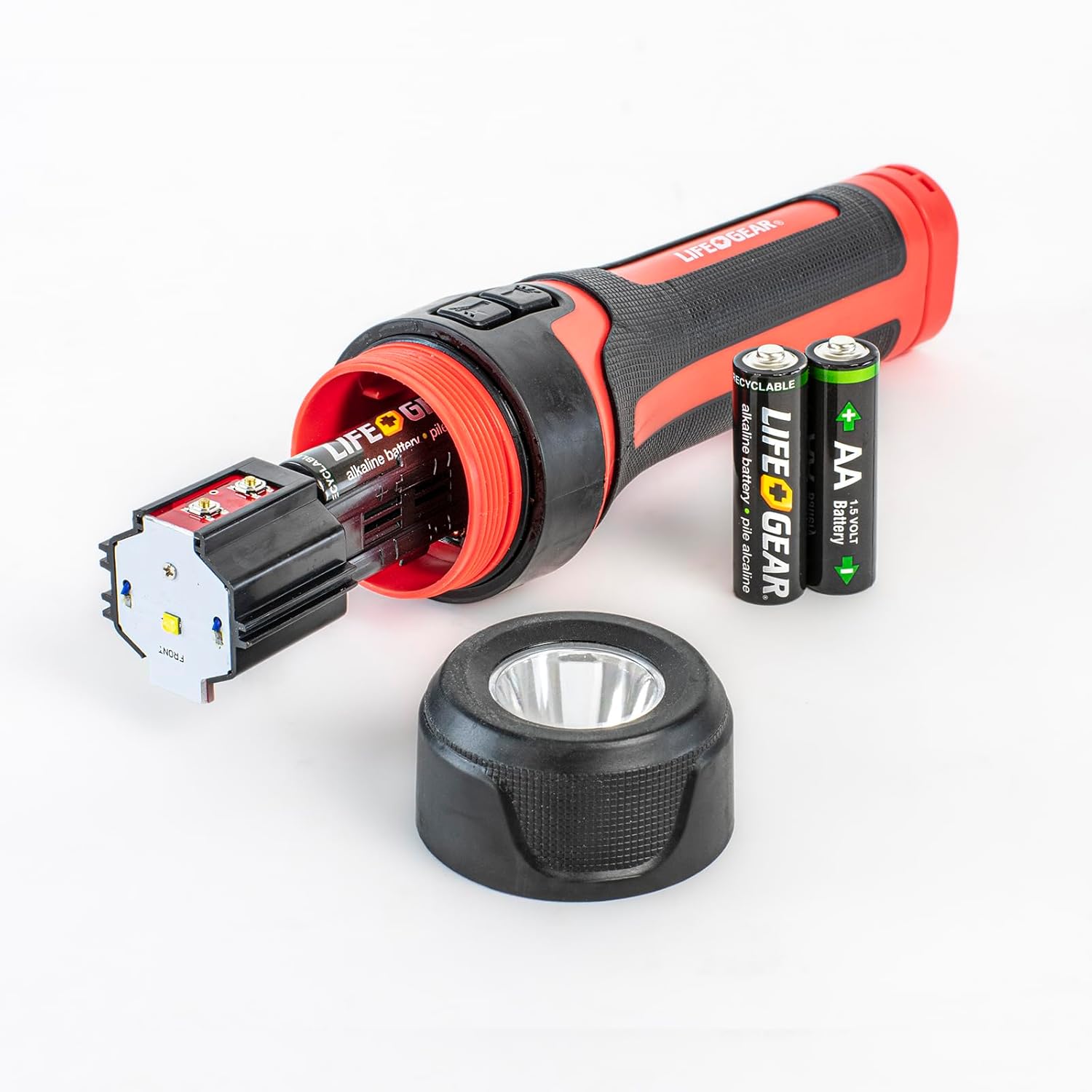 Life Gear Waterproof Flashlight with 3 Direction Path Light for Safe Walking at Night, 150 Lumens, Safety Whistle , Black,Red, 7.3" x 1.9" x 1.9"