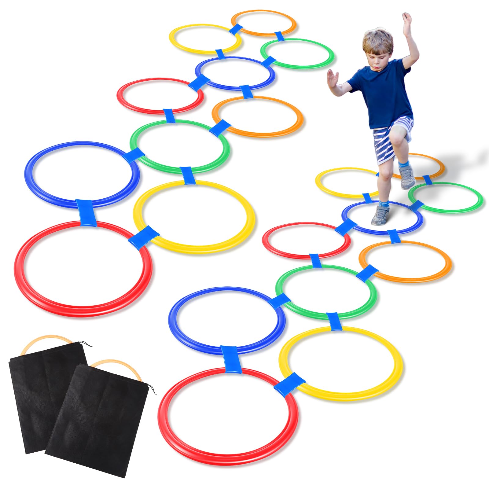 Woanger 2 Sets of Hopscotch Outdoor Squares 20 Pcs Hopscotch Ring Game with 30 Pcs Connectors Outdoor Indoor Obstacle Course for Kids Playground Agility Training