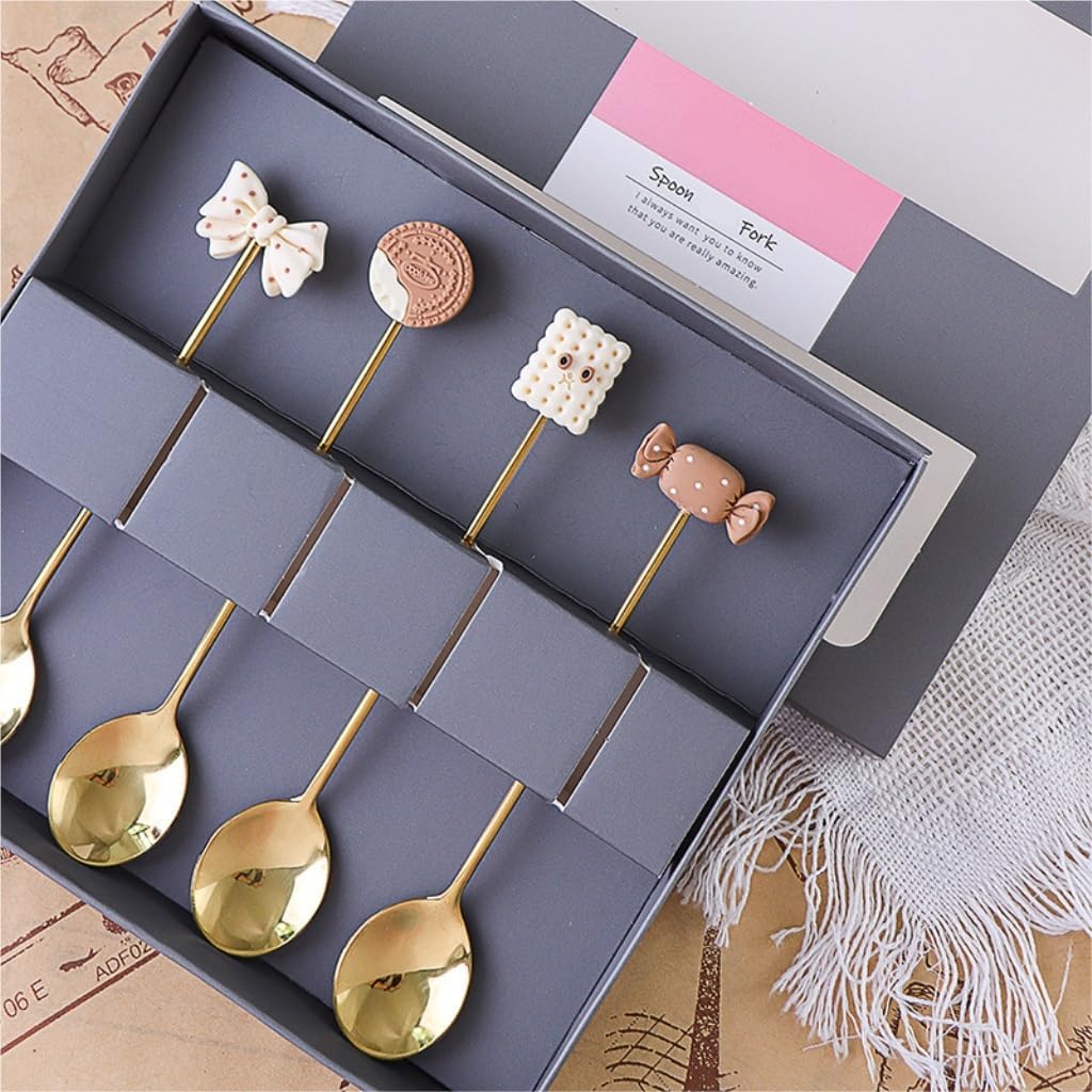 Spoons, Spoons 4-Pack Stainless Steel Dessert Spoon Cute Cartoon Biscuit Home Ice Cream Spoon Stirring Coffee Spoon