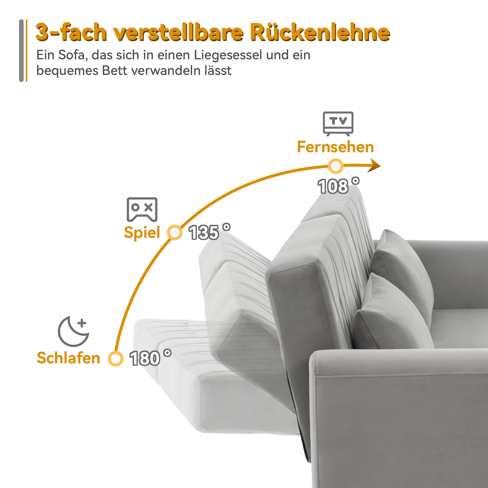 Schlafcouch, Couch 180cm mit Schlaffunktion, Klappsofa mit Hilfsfüßen und 3-Fach Verstellbare Rückenlehneaus Bettcouch mit 2 Kissen fürs Wohnzimmer, Schlafzimmer, Samt,(Grau)