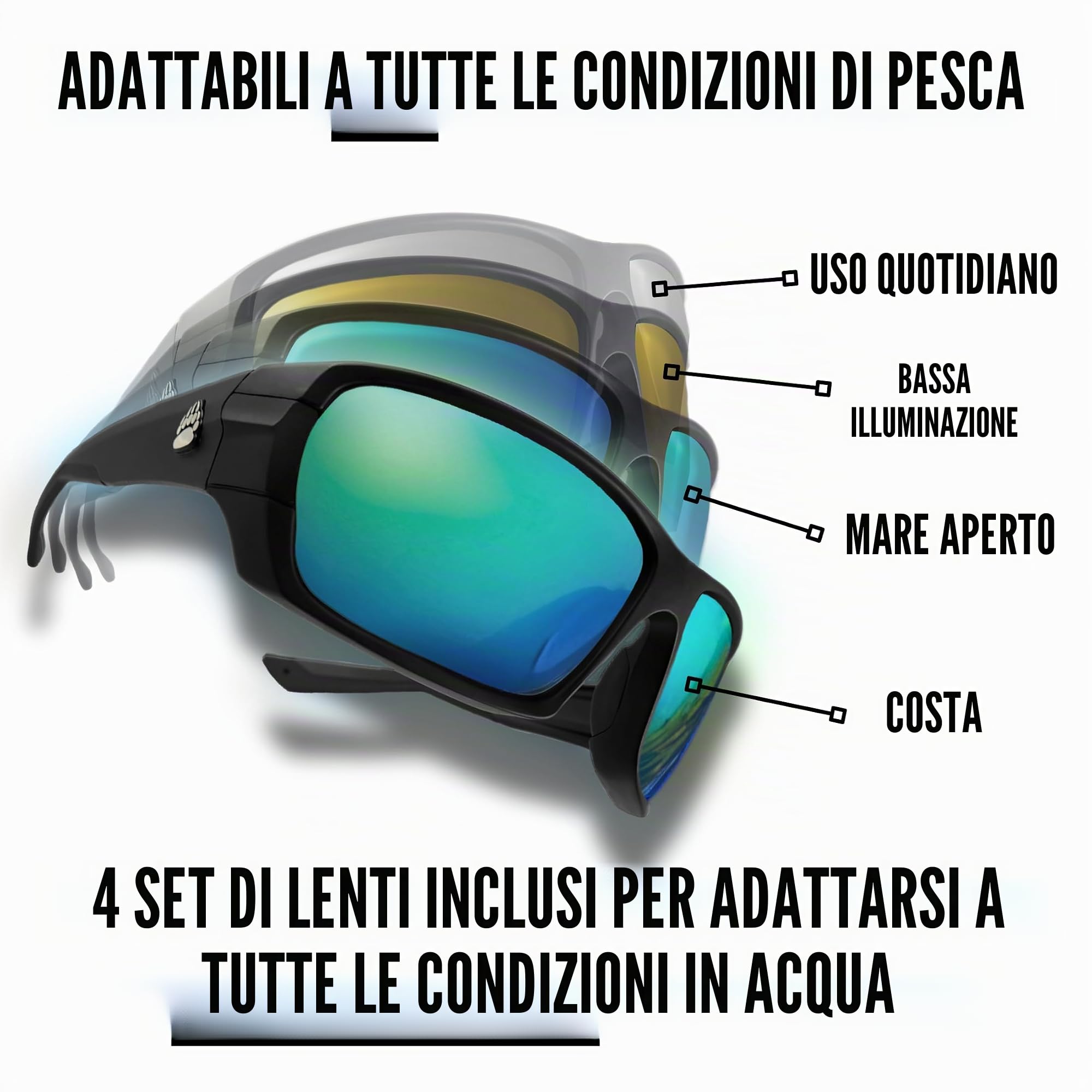 Pro Kit di occhiali da pesca, occhiali da sole polarizzati con 4 lenti per una chiara visibilità in acque offshore e poco profonde, protezione per gli occhi, nero