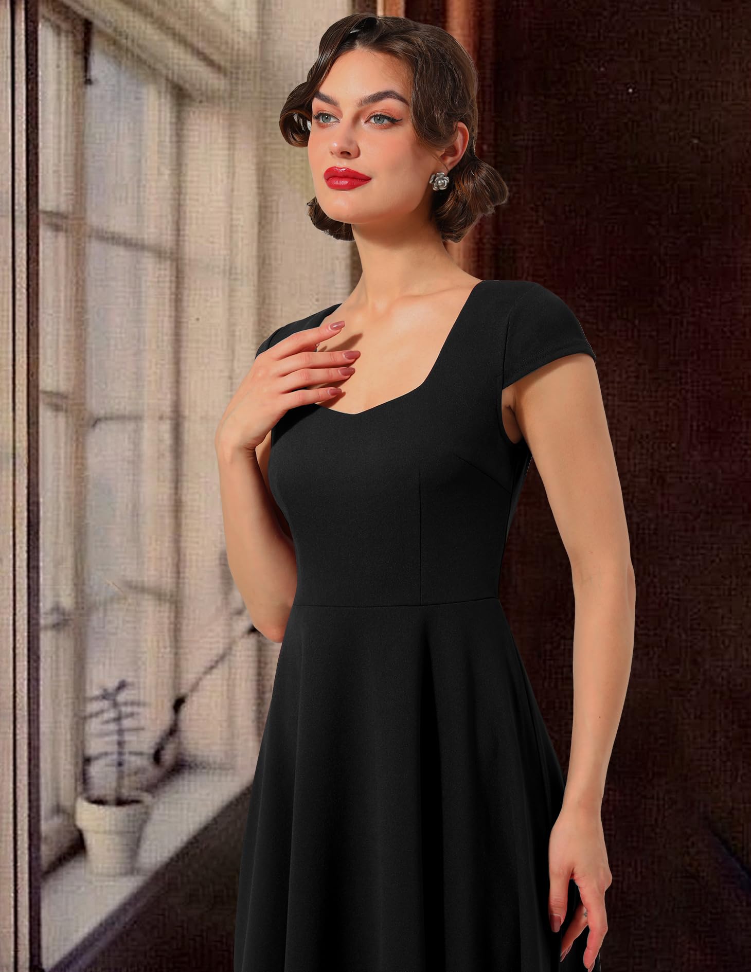 BeryLove Robe de cocktail pour femme - Élégante - Vintage - Rockabilly - Col en cœur - Robe de soirée midi