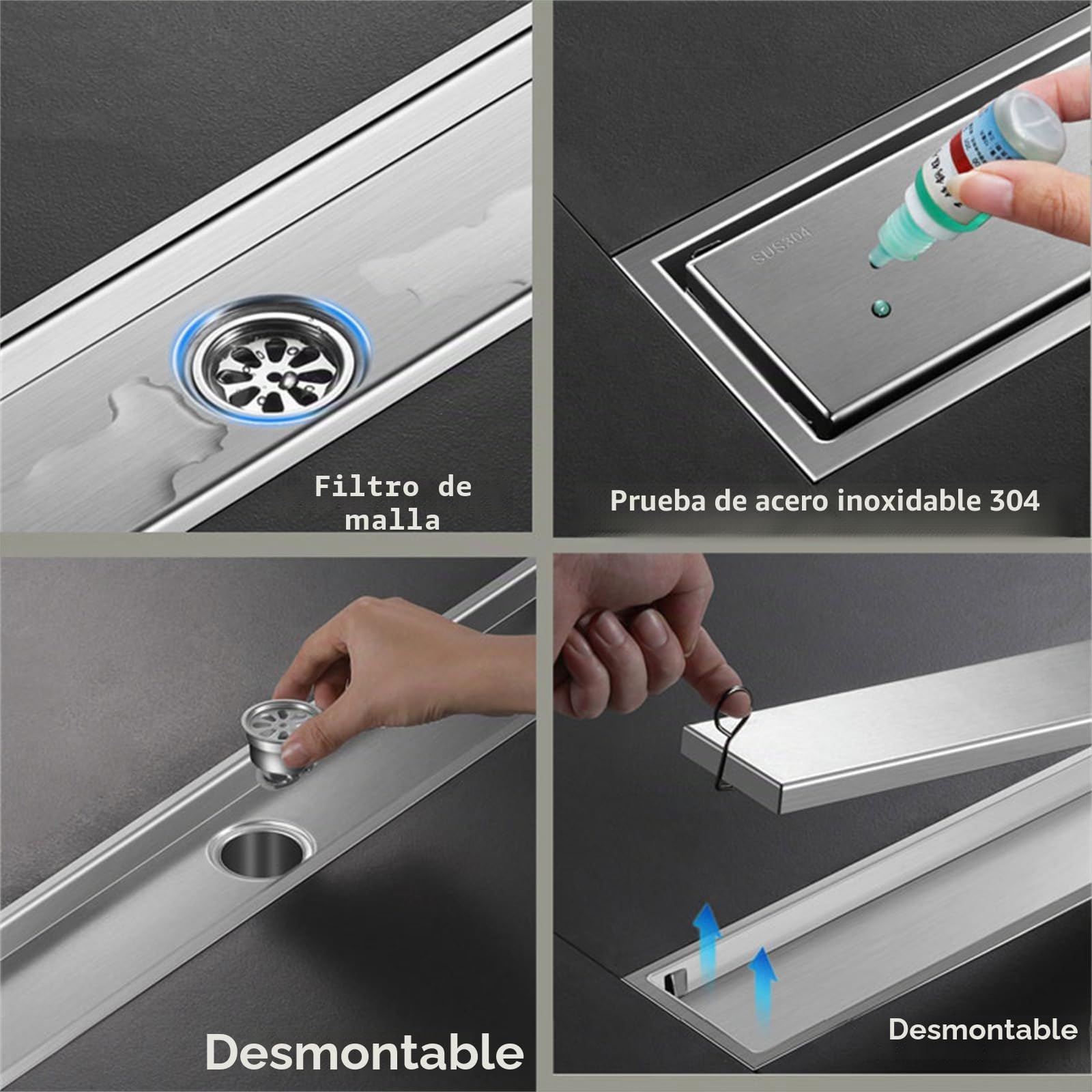 Desagüe de Ducha Lineal Canaleta de Acero Inoxidable, Drenaje Rectangular con Cubierta Extraíble y Canal Lineal de Drenaje Rápido para Cocina,Baño,Ducha,Garaje y Sótano(Size:10x60cm,Color:Negro)