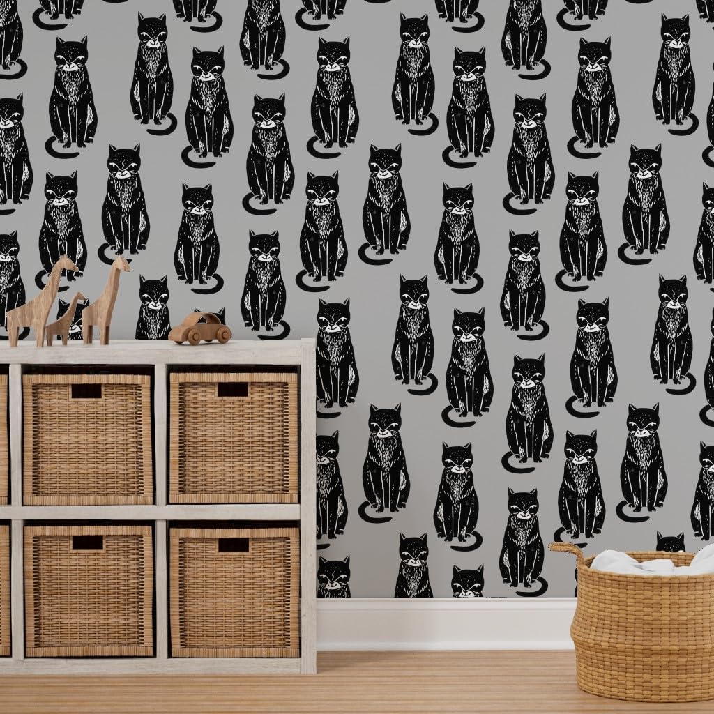 Removable Wallpaper 6ft x 2ft - Cat Grey Cats Cute Block Print Halloween Black Custom Pre-Pasted Wallpaper by Spoonflower