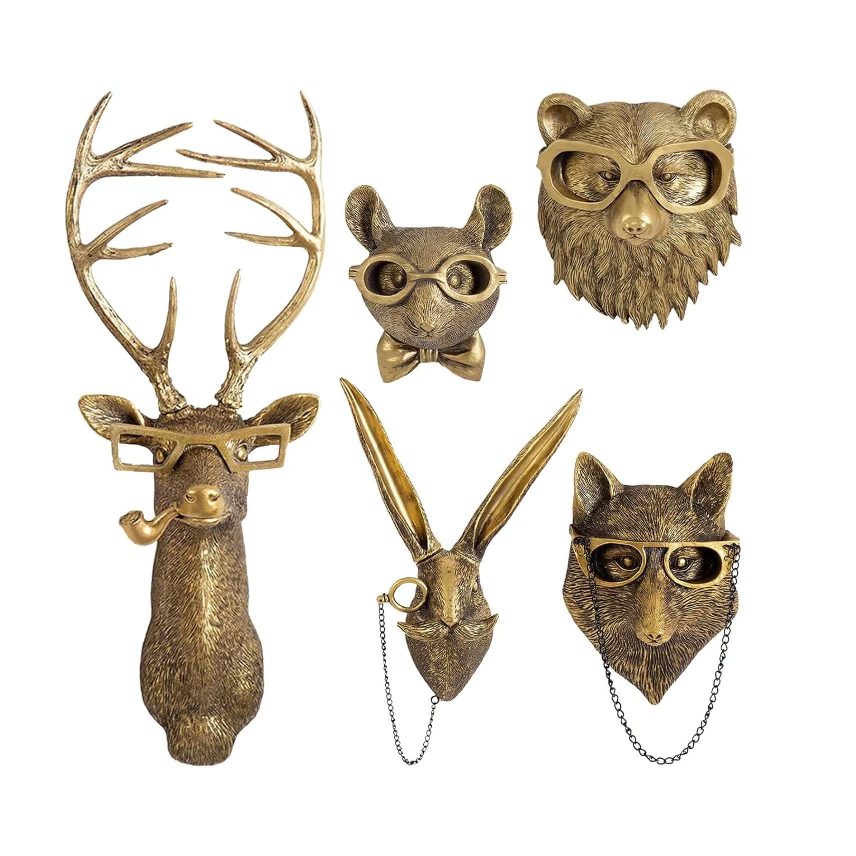 3D Deer Head Wall Mount Ornament, Bear Wall Decor Stag Head Wall Decoration Ornaments, Waterproof Bronzed Resin Statue for Living Room Bedroom (5pcs)