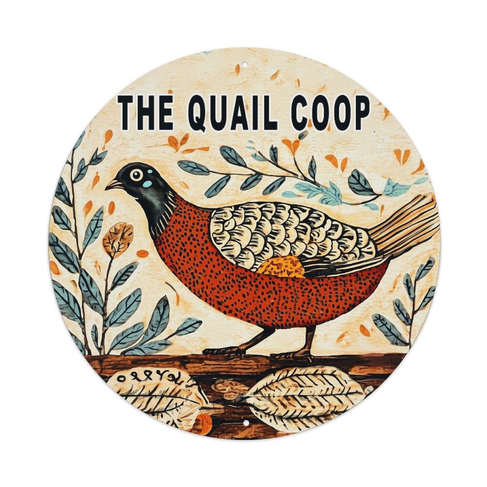 Quail Bird Leaves Branches Pattern Retro Metal Sign Round Tin Sign, Vintage Decor Art Poster for Bar, Home, Man Cave, Kitchen, Laundry Room Gift 8x8Inch