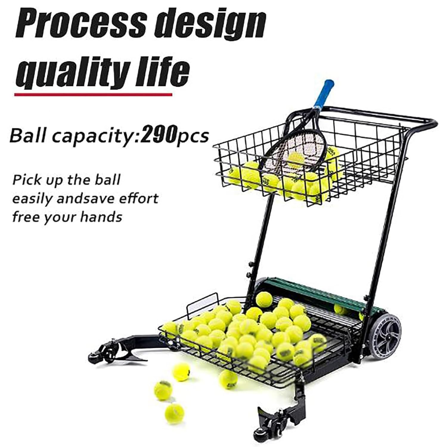 Raccoglitore automatico di palline da tennis per campo, contiene 290 palline, facile da raccogliere, carrello tramoggia palla