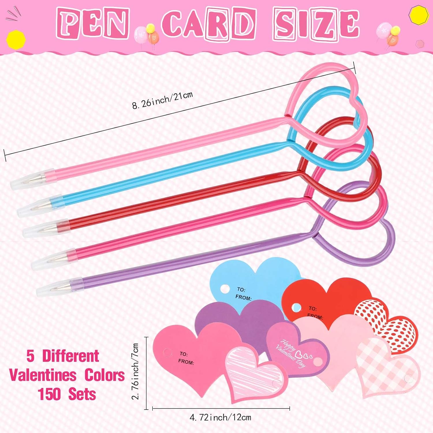 Fainne 150 Sets Valentine's Day Heart Pens Valentine Party Favor Heart Ballpoint Pens with Greeting Cards Set for Exchange Prizes Gift Party Favors Office Supplies