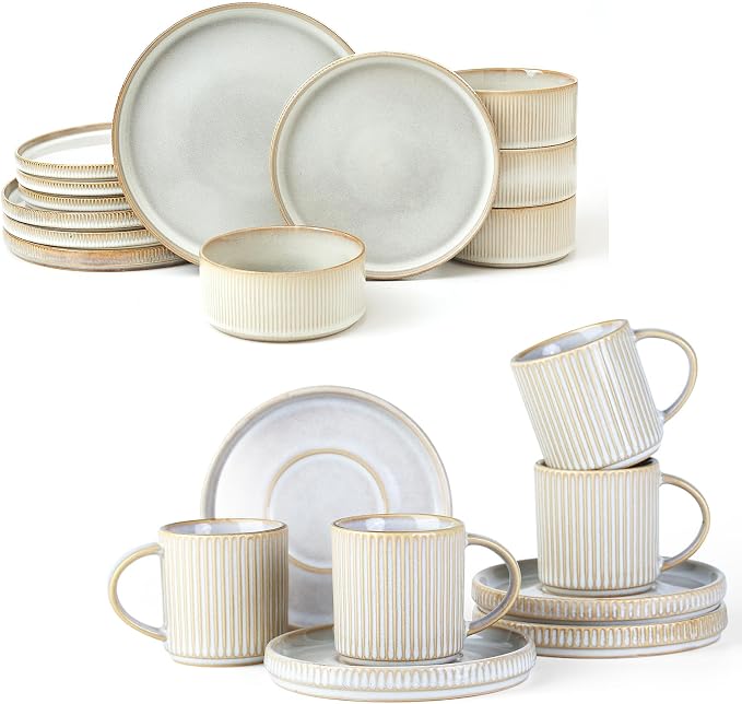 Famiware Star Dinnerware Set and Coffee Mugs Set, Service for 4 (16 Pieces) - Stoneware Dinnerware Dishes, Cappuccino White