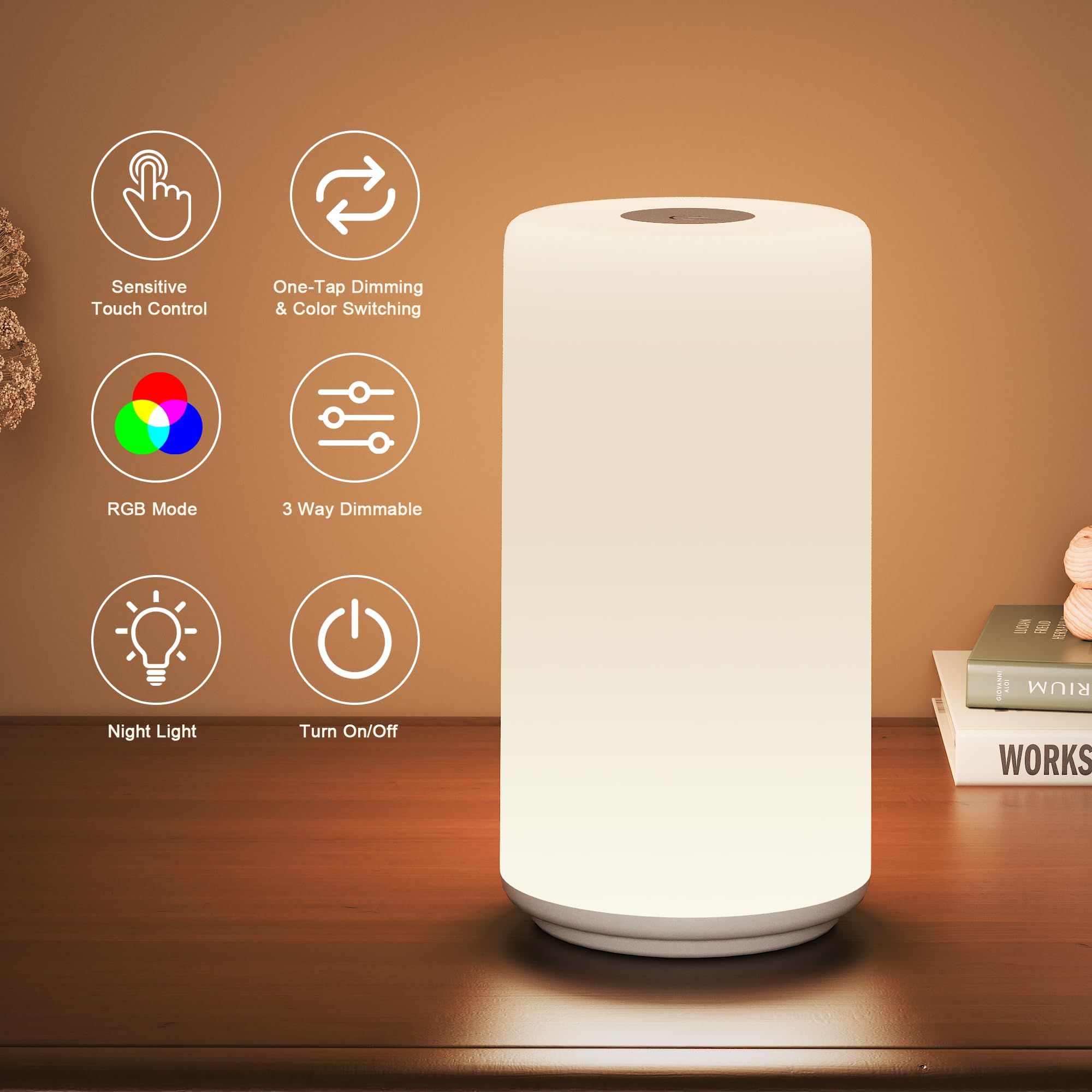 ROOTRO Touch Bedside Table Lamp, [Sleek Design & RGB Mode] 3 Way Dimmable Small Lamp for Bedroom, LED Lamp with Warm  Lights, Multi-Color Smart Nightstand Lamp for for Living Room Home Gifts