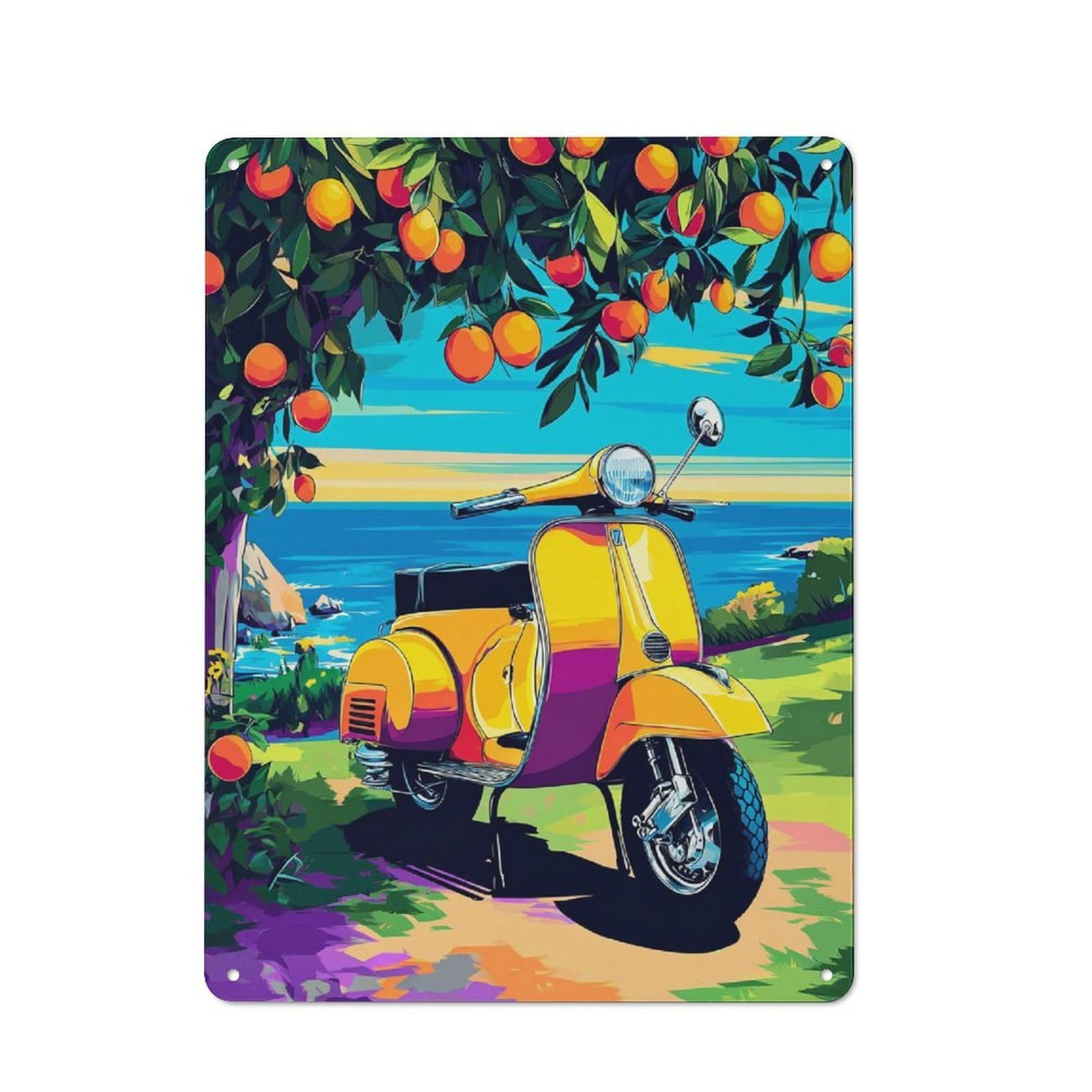Junmoney Vibrant Scooter By The Sea Tin Wall Plaque 40X30cm With For Garage Or Workshop, For Living Room, Hallway And Entrance Wall Decor
