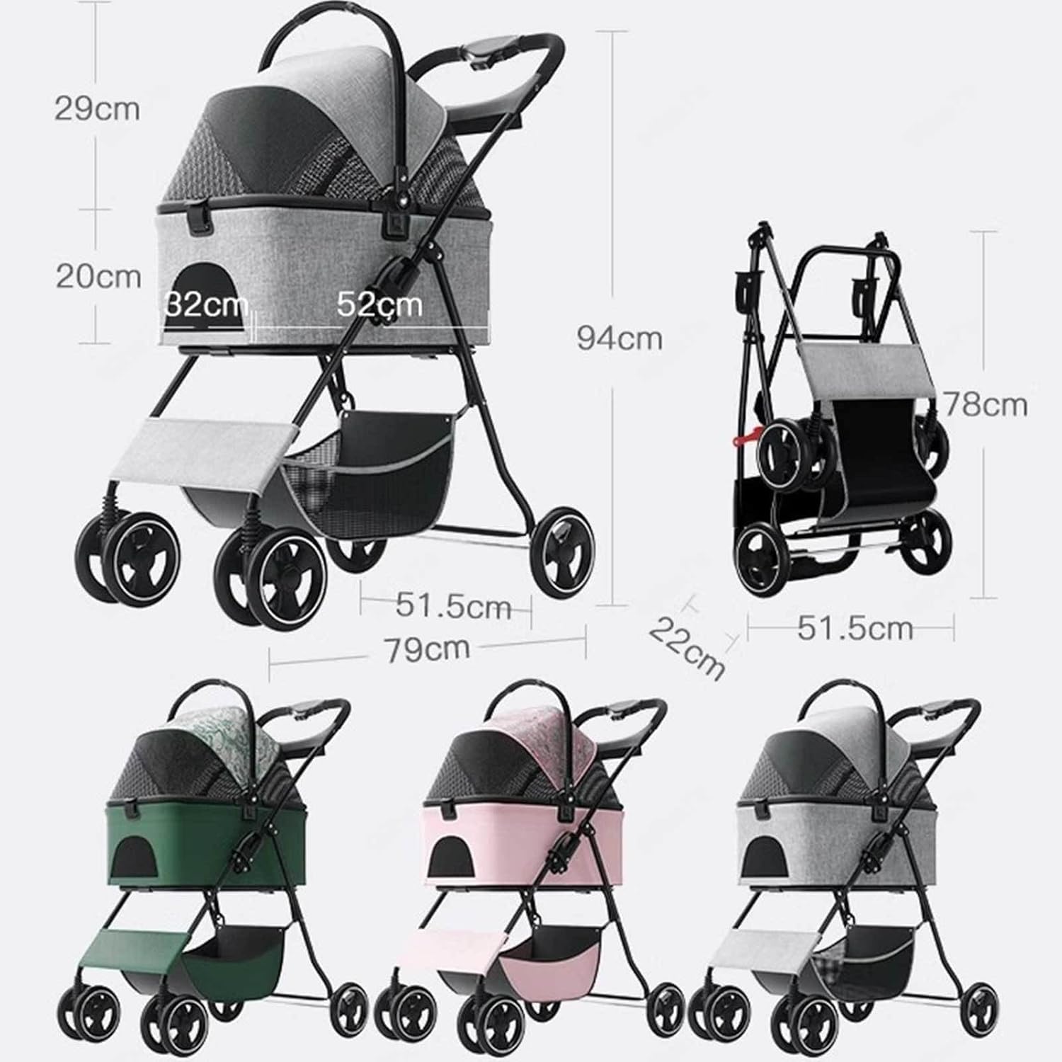 Pet Stroller, 3 in 1 Multifunction Pet Travel System, 4 Wheel Foldable Pet Stroller with Push Button Entry, Storage Basket for Small Medium Dogs & Cats,Grey(Grey) (Green)