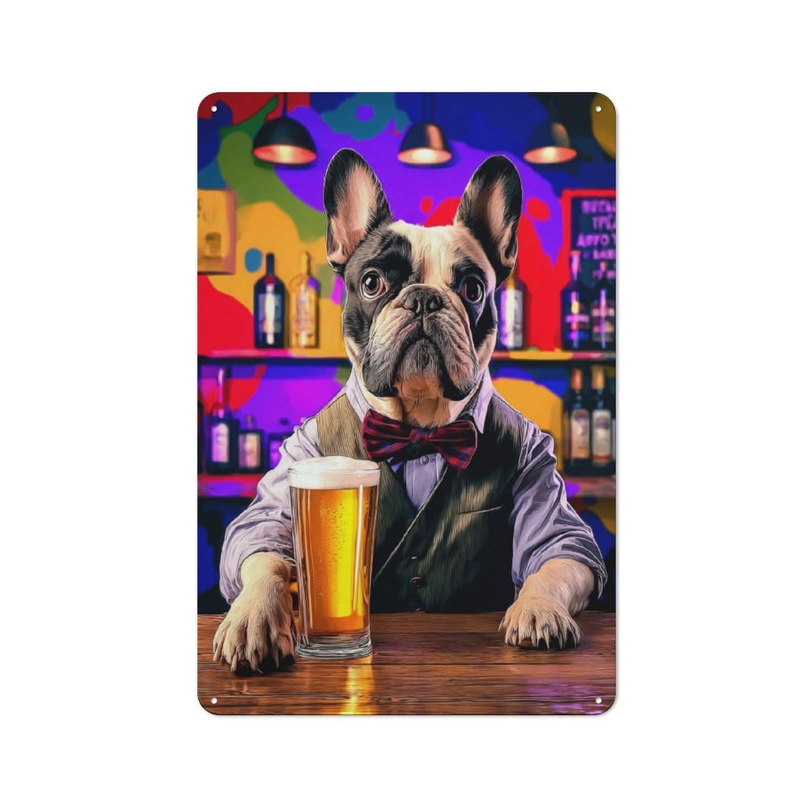Junmoney French Bulldog Enjoying A Beer At The Bar Metal Wall Sign 30X20cm Featuring For Home Bar Wall, New Home Wall Decor For Hosts Who Enjoy Retro Interiors