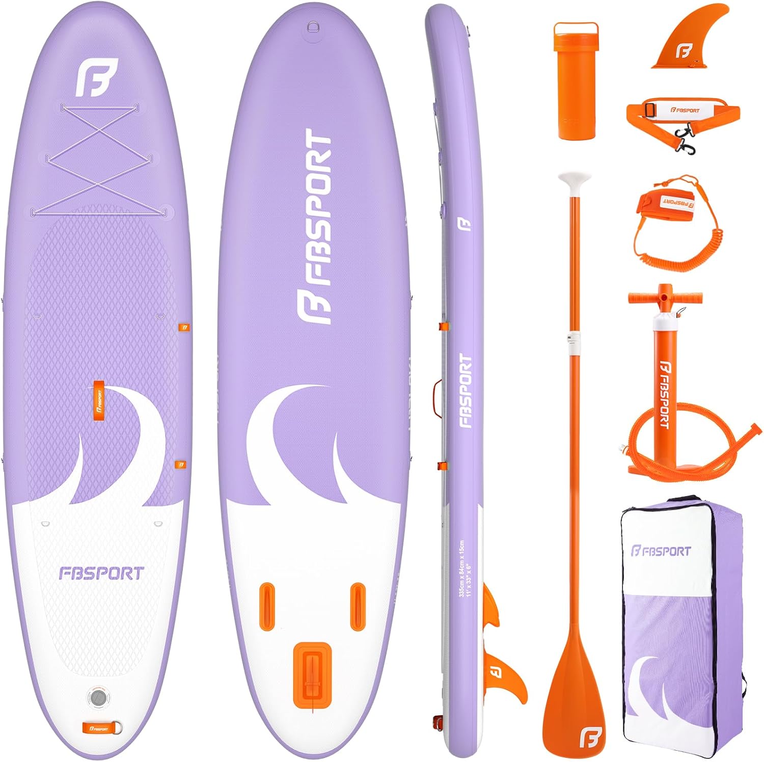 FBSPORT 11' Premium Stand Up Paddle Board, Yoga Board with SUP Accessories & Carry Bag | Wide Stance, Surf Control, Non-Slip Deck, Leash, Paddle and Pump for Youth & Adult(Light Purple)