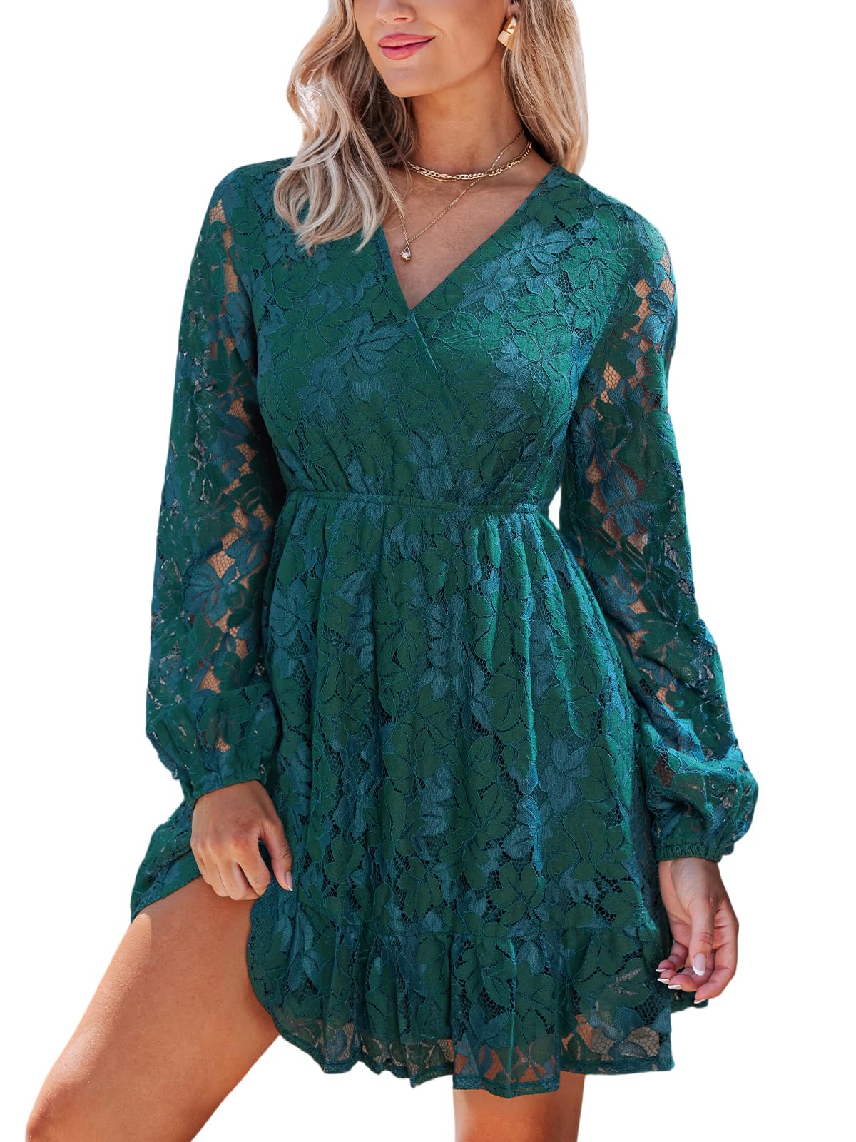 CUPSHE Vestido corto para mujer, cuello en V, encaje envolvente, informal, manga larga, elegante, para invitados de boda, fiesta
