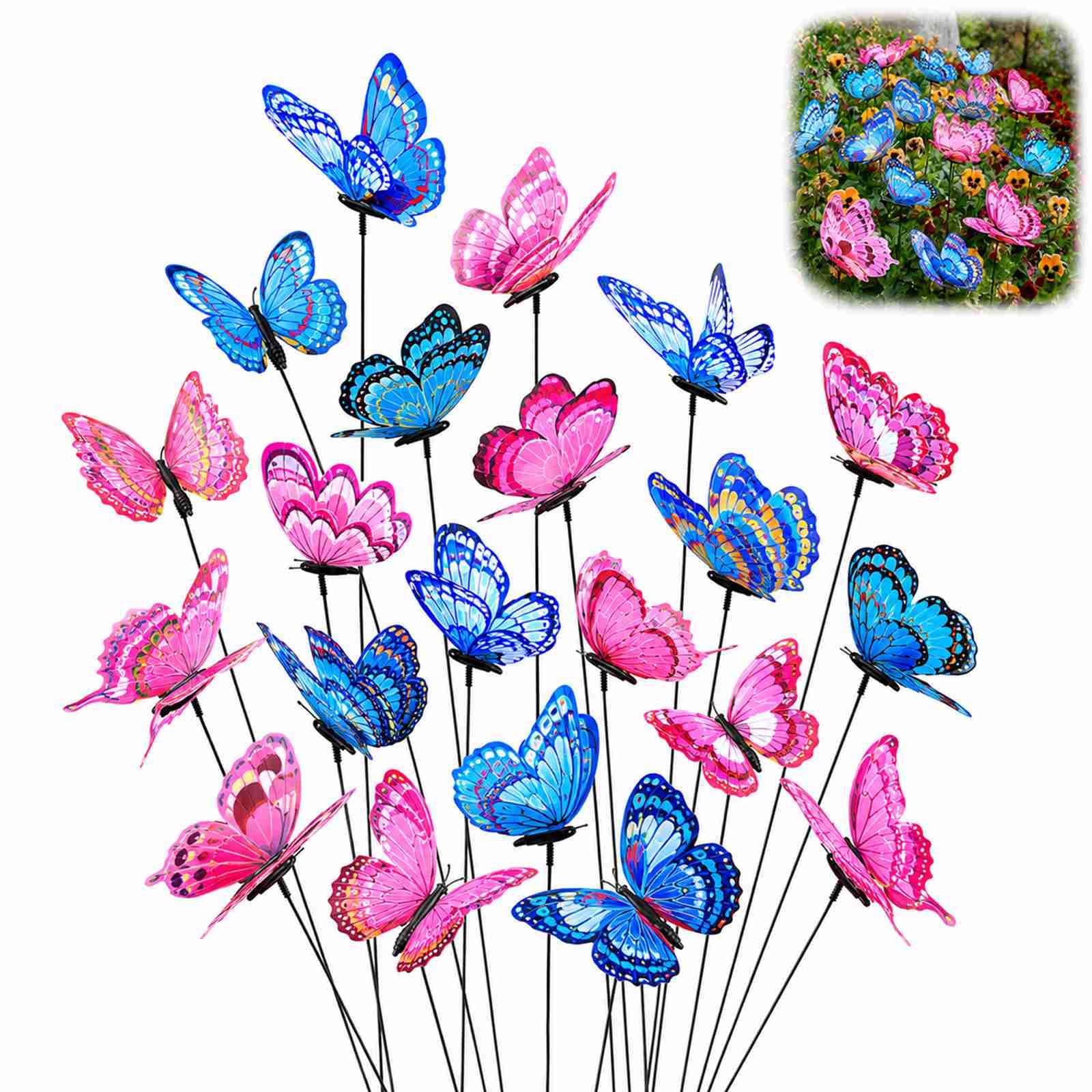 WHJYCC 20pcs 2 Colours Butterfly Garden Stakes - Lifelike Metal Outdoor Decorations For Flower Pots, Patio, Lawn And Fairy Garden Accessories, Vibrant Blue Pink Realistic Wing Design Easy Insert