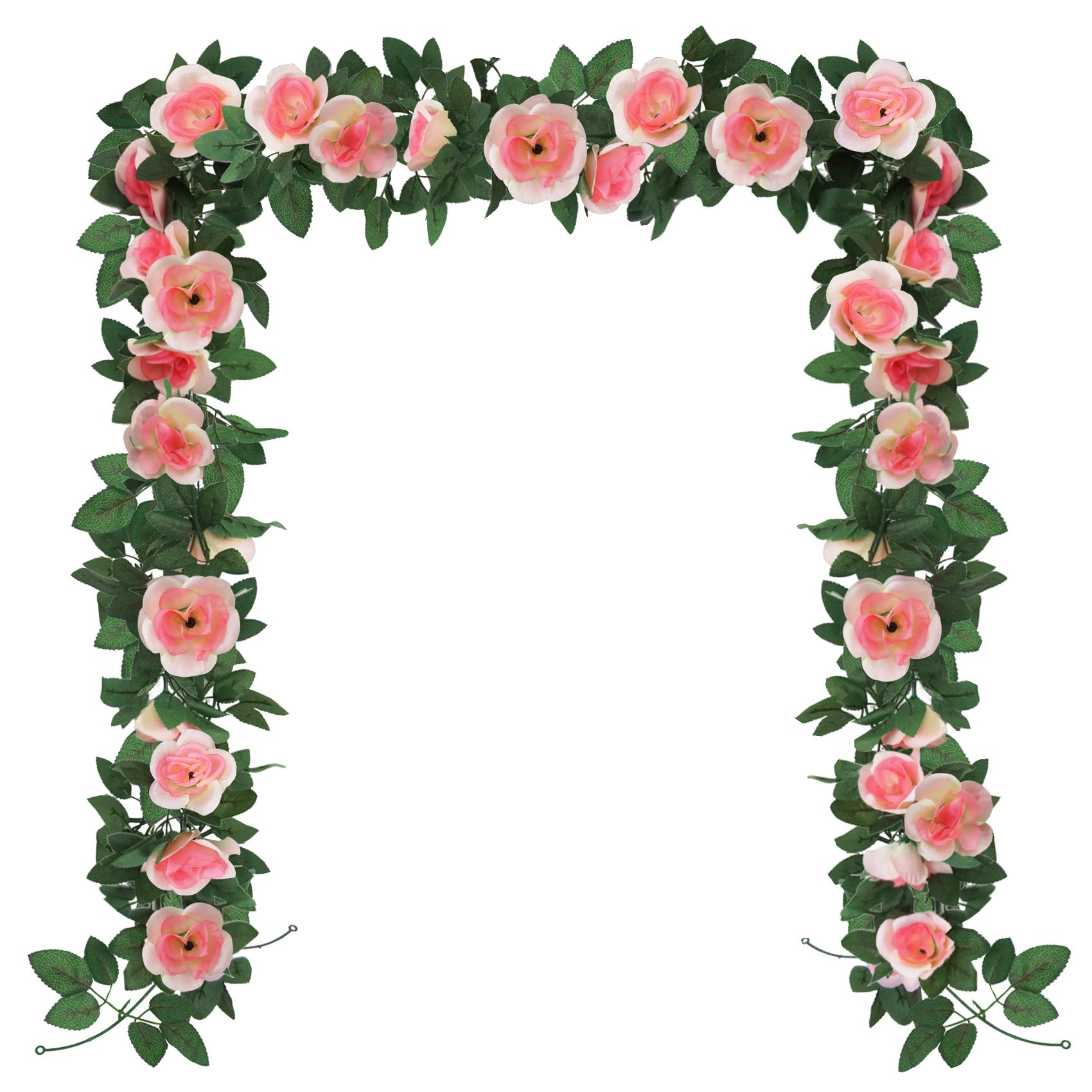 Huryfox Artificial Flowers Garlands - 2 Strand 216cm Long Artificial Flower Vines for Decorations, 16 Flowers per Strand, Faux Gradient Pink Rose Floral Arch for Home, Garden, Weddings, Parties