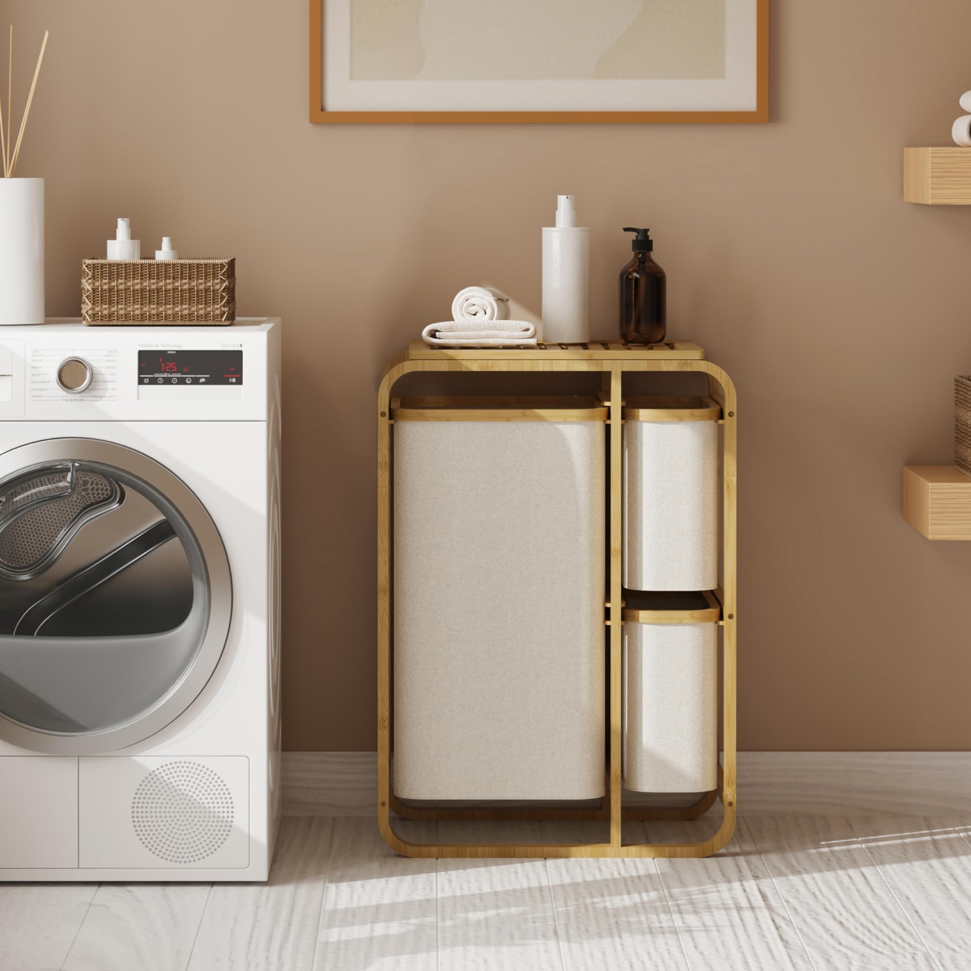 [en.casa] Mobile Portabiancheria in Bambù con Ripiano a Doghe e 3 Sacchi Estraibili per Bucato 70,5 x 49,5 x 33 cm - Beige