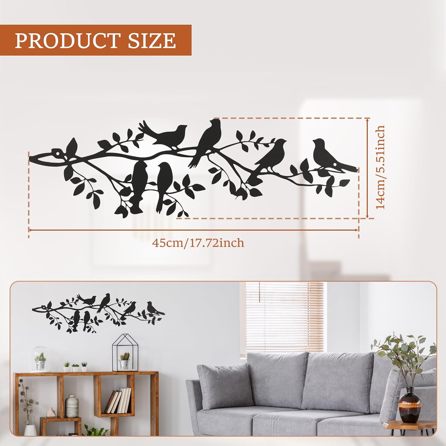 LYIYEYAN 2Pcs Metal Bird Wall Art, Vivid Birds on Branch Wall Decor, Black Leaves with Birds Metal Hanging Wall Sculpture, Elegant Bird Silhouette Ornament Wall Art Decor for Home Garden (Style 1)
