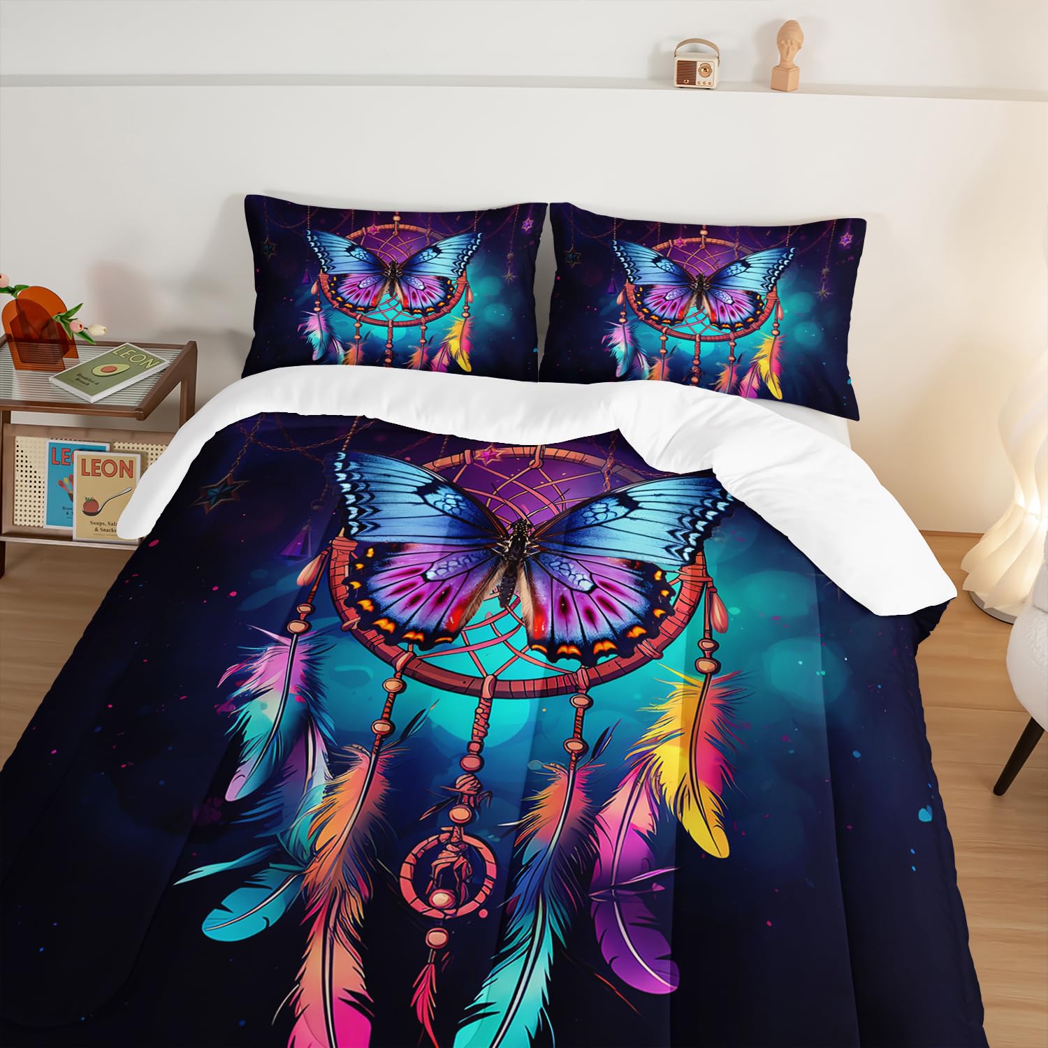HOSIMA Set di biancheria da letto con acchiappasogni, 3 pezzi, stile indiano, hippie, piume, stile bohémien, chic, per adolescenti, adulti, ragazze, decorazione per la camera dei nativi americani,