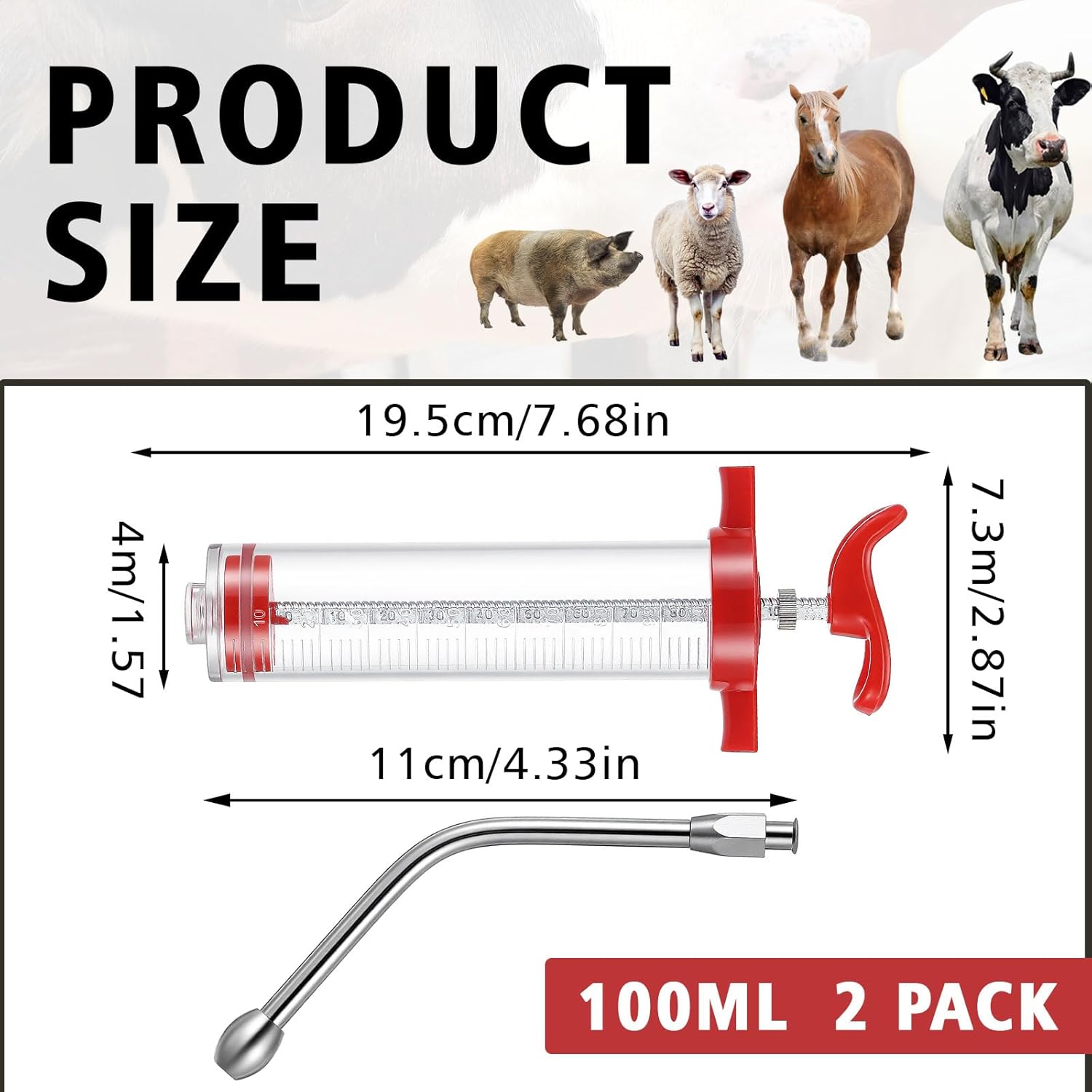 2 Pcs 100ml Large Drench Gun for Goats Large Dosage Feeding Gun Reusable Veterinary Medicine Syringe Continuous Dosing Feeding Dispenser for Goat Sheep Cattle Horse Livestock(Red)