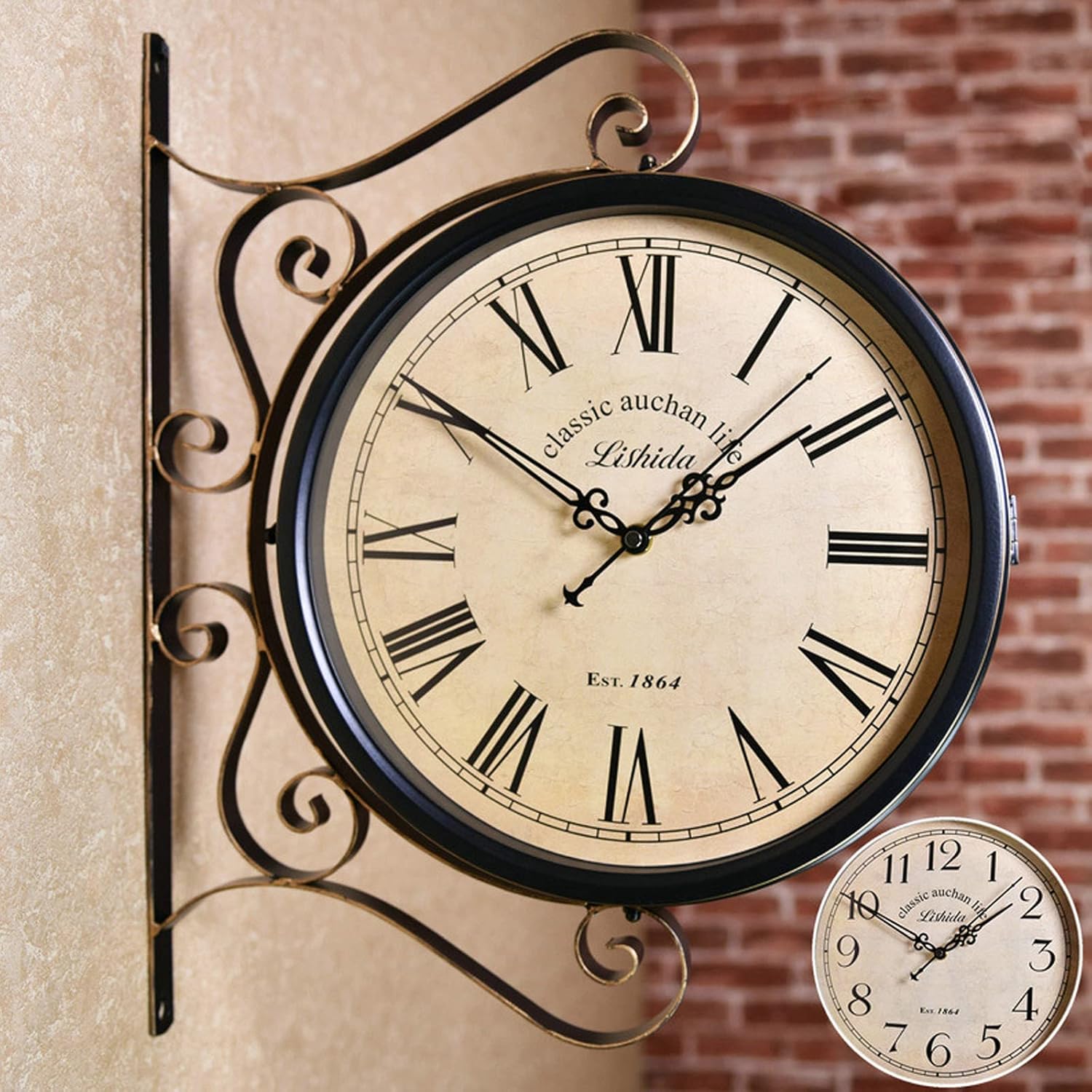 Outdoor Garden, Wrought Iron Retro Double Sided Station Clock Garden Clock 360° Rotation Waterproof Outdoor Clock Decoration Outside Clock