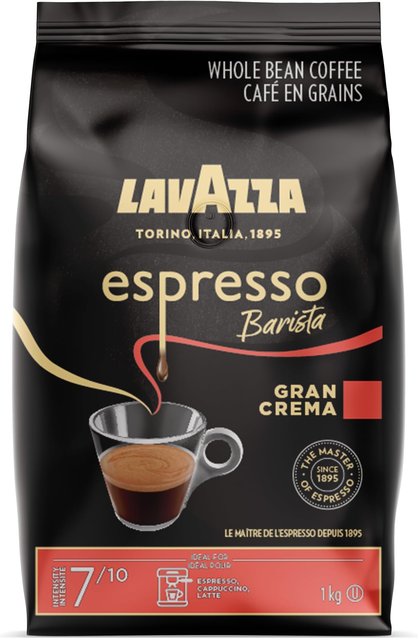 Lavazza Espresso Barista Gran Crema Whole Bean Coffee Blend, Medium Espresso Roast, 1 kg Bag - Chocolate and Spicy Aroma