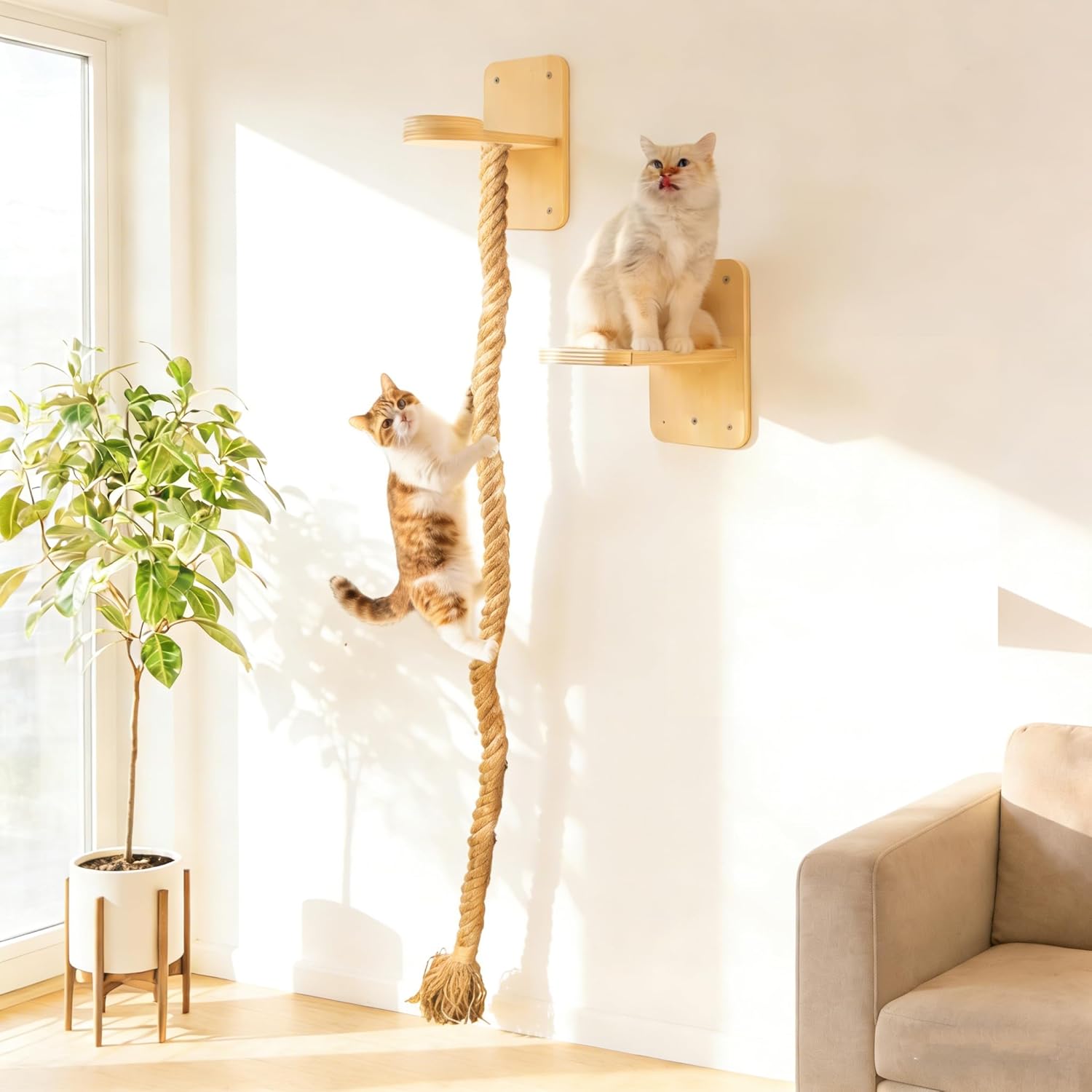 Uross 2.2" x 6.49Ft Cat Climbing Rope Wall Mounted with Jumping Platform Thick Natural Jute Rope Ladder & Scratching Post, Heavy Duty Cat Wall Furniture for Indoor Cats, Kittens & Large Cats