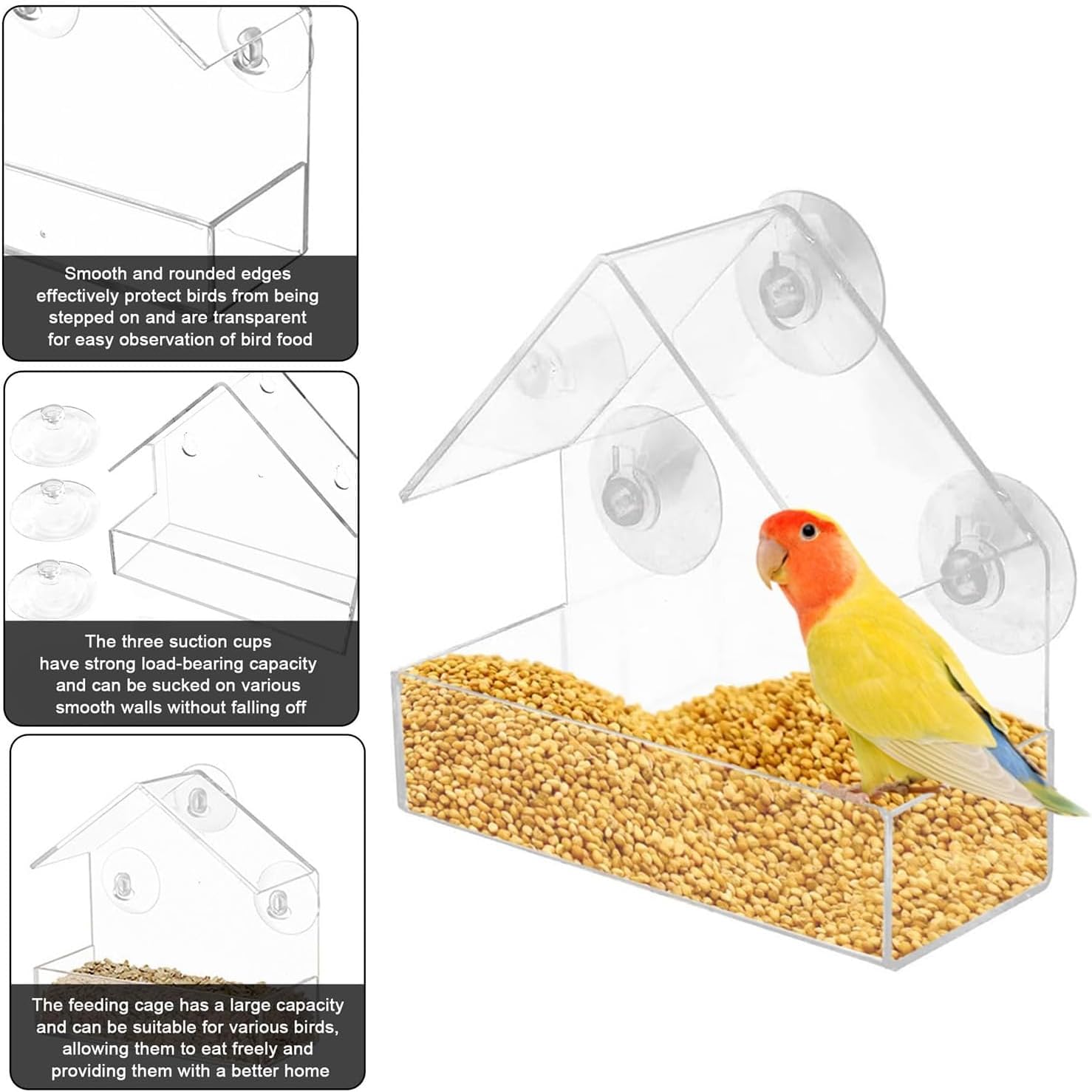 Window Bird Feeder Clear Acrylic Bird Feeder Box with Strong Suction Cups | Easy to Install & Clean | Ideal for Bird Watching & Attracting Wild Birds to Your Garden - Image 3