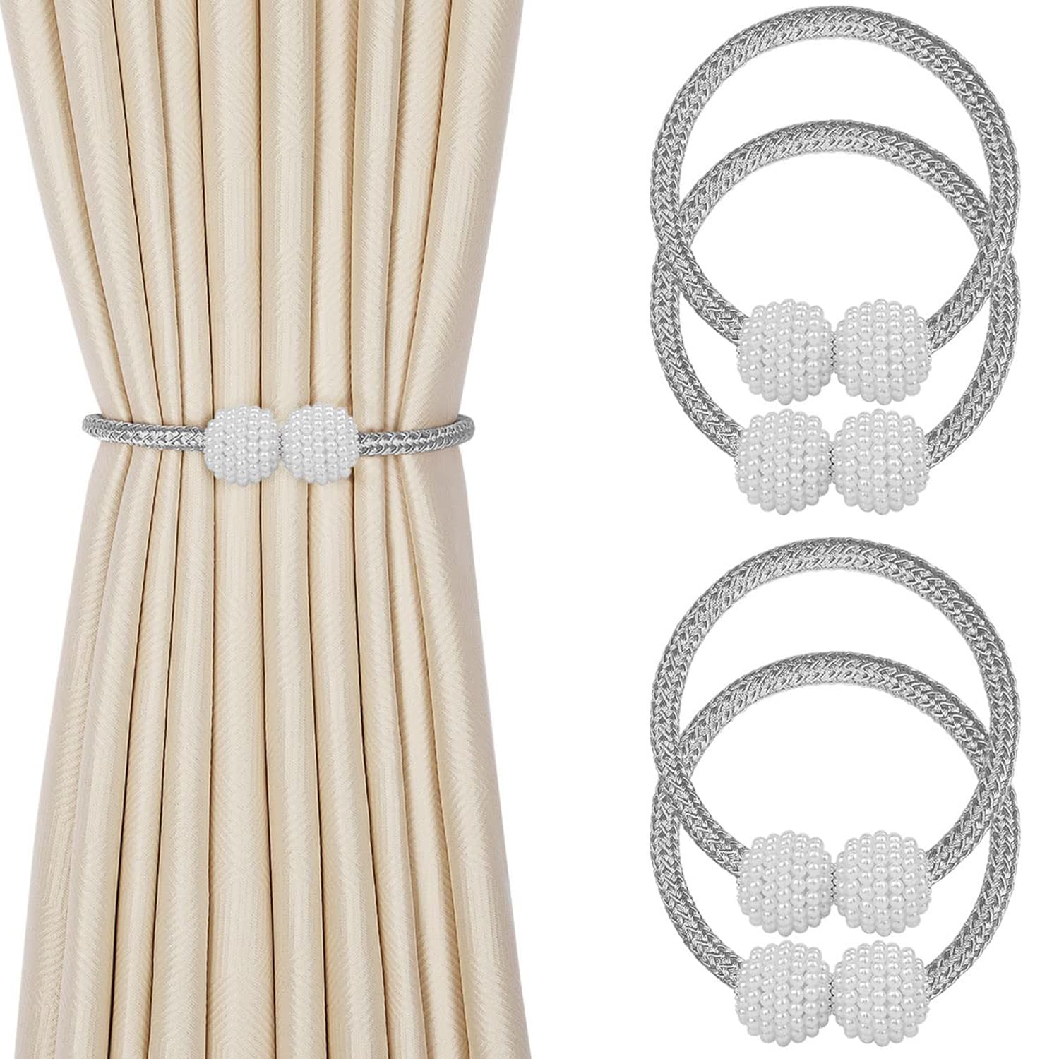 INOVERA (LABEL) 4 Pieces Magnetic Curtain Tiebacks - Decorative Windows Curtain Tie Rope - Drapery Holdbacks for Home, Office (Grey)
