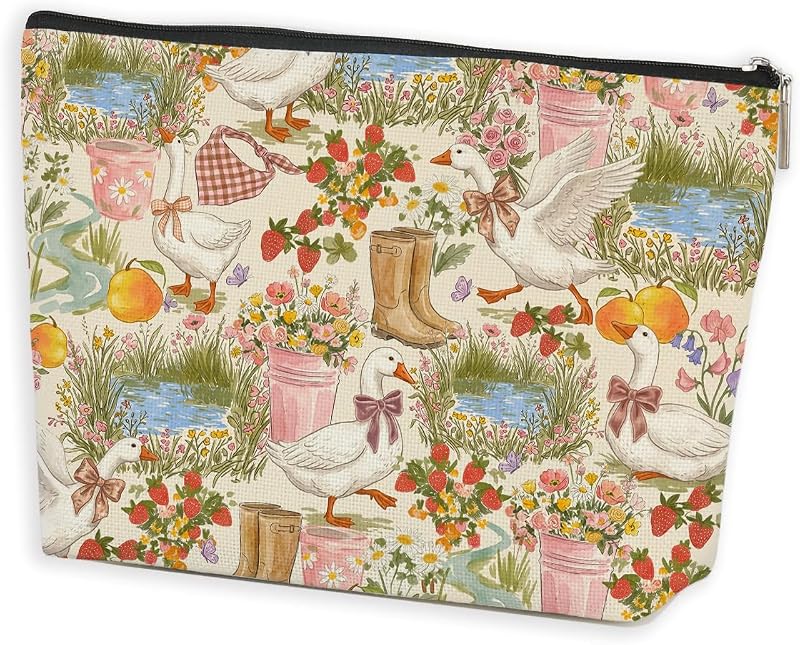 Necessaire de maquiagem Azteoiz com estampa de ganso, zíper e padrão floral 02