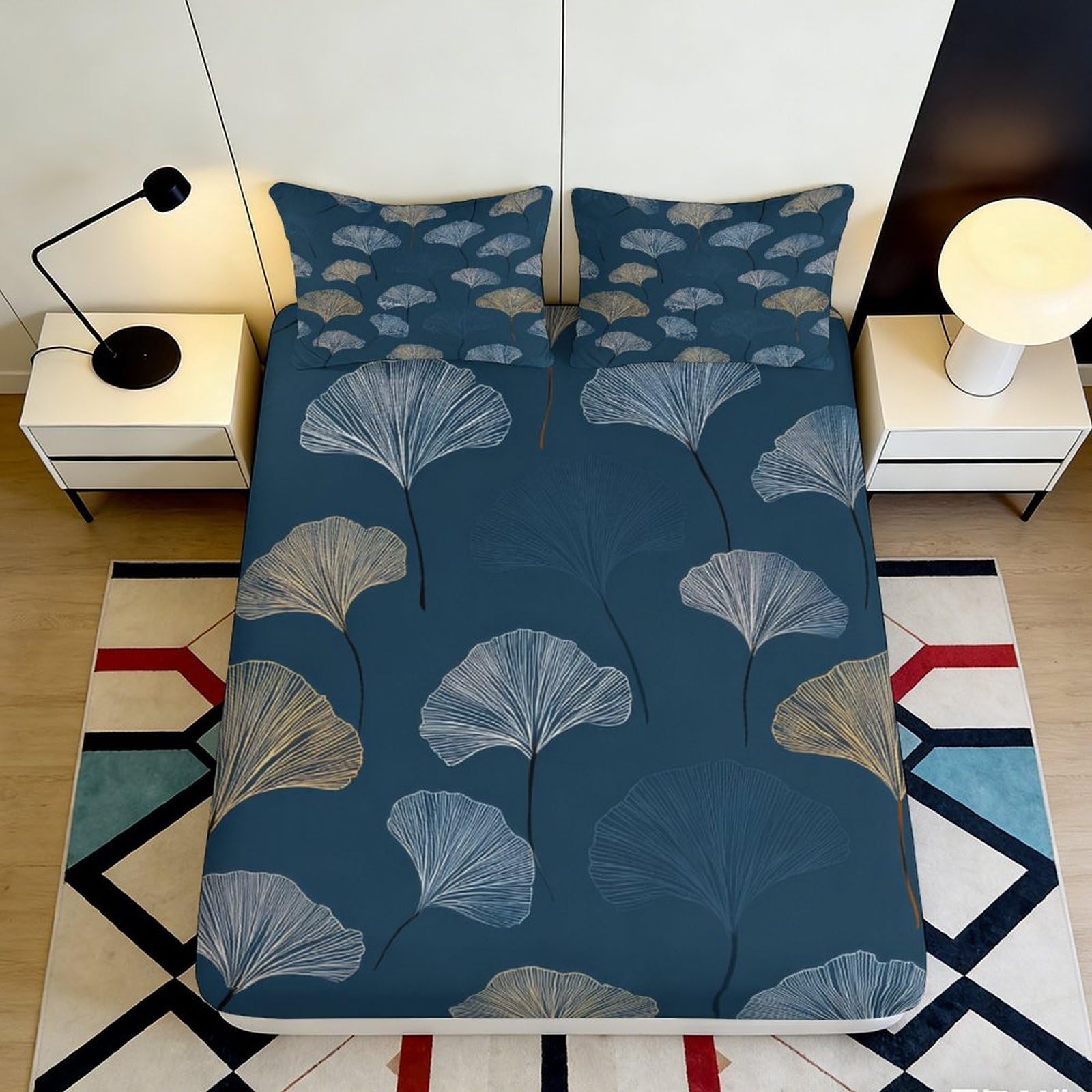 3D Printed Ginkgo Leaf Fitted Sheet Microfiber Soft Blue Botanical Mattress Cover for Bedroom Guestroom Decor 90x200x25cm