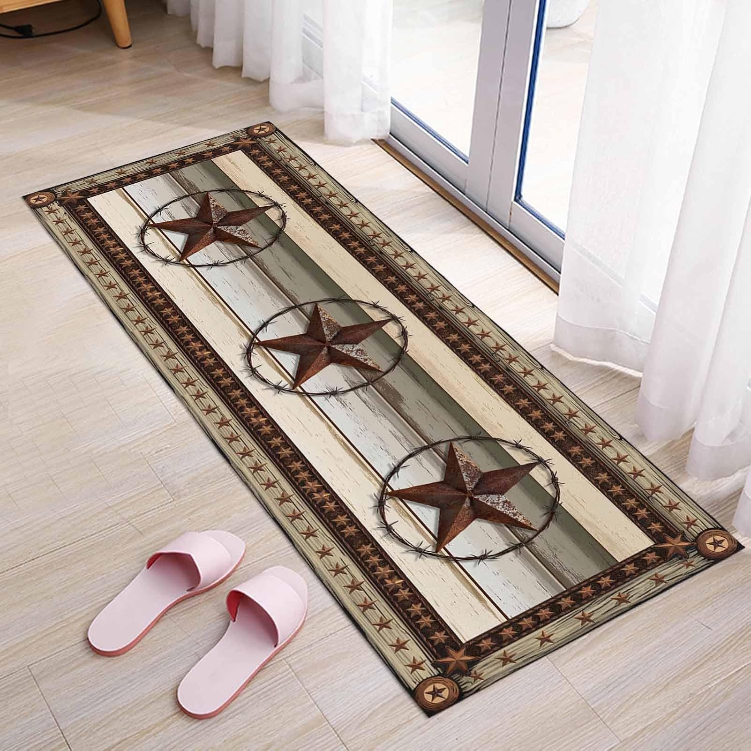 Teamery Kitchen Mats for Floor Vintage Western Star Farmhouse Washable Non Slip Kitchen Rugs 1PCS, Wood Board Country Stars Absorbent Standing Mats for Sink Bathroom Office Living Room 15.7x47.2in