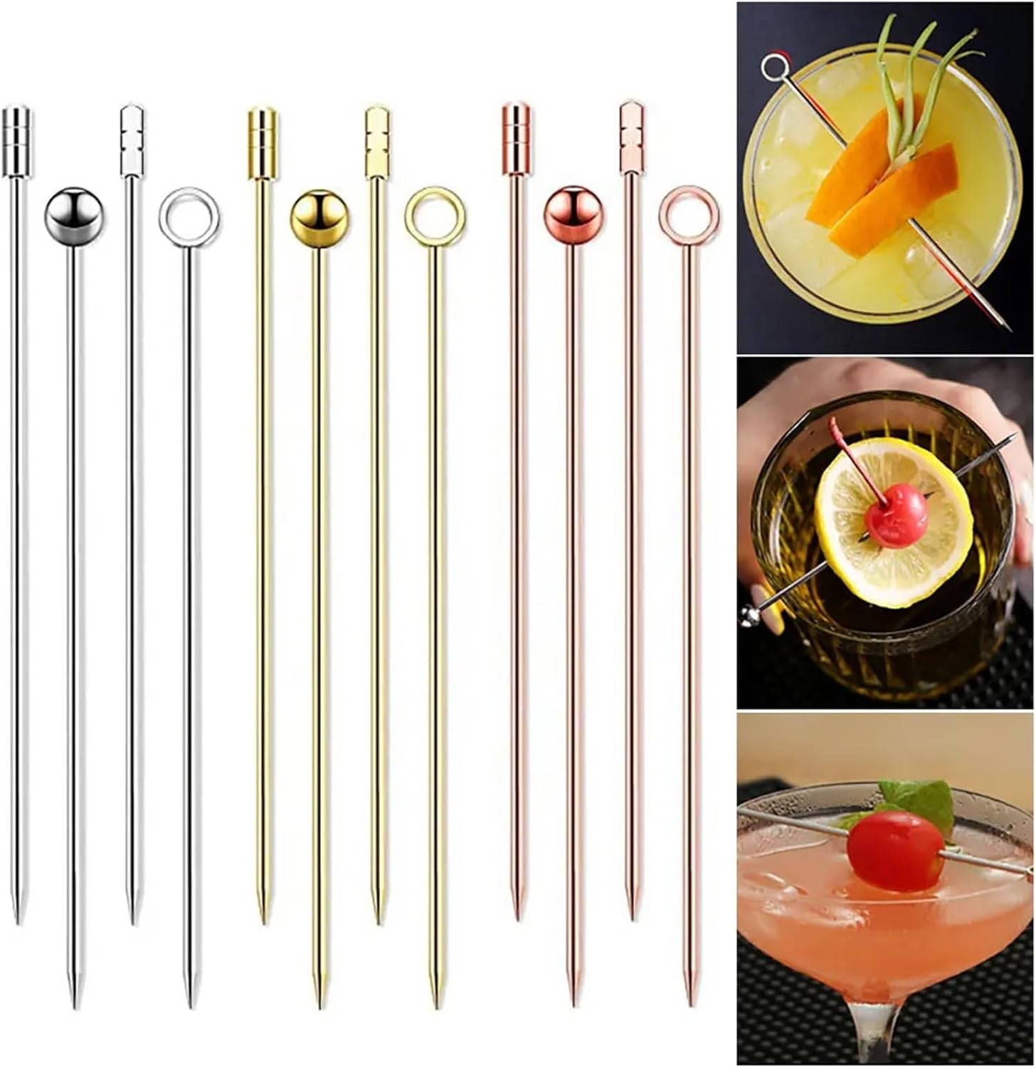 Cocktail Picks For Drinks 60pcs Stainless Steel Cocktail Wine Needle Picks Stick Reusable Metal Cocktail Skewers(60Pcs Rose Gold 02)
