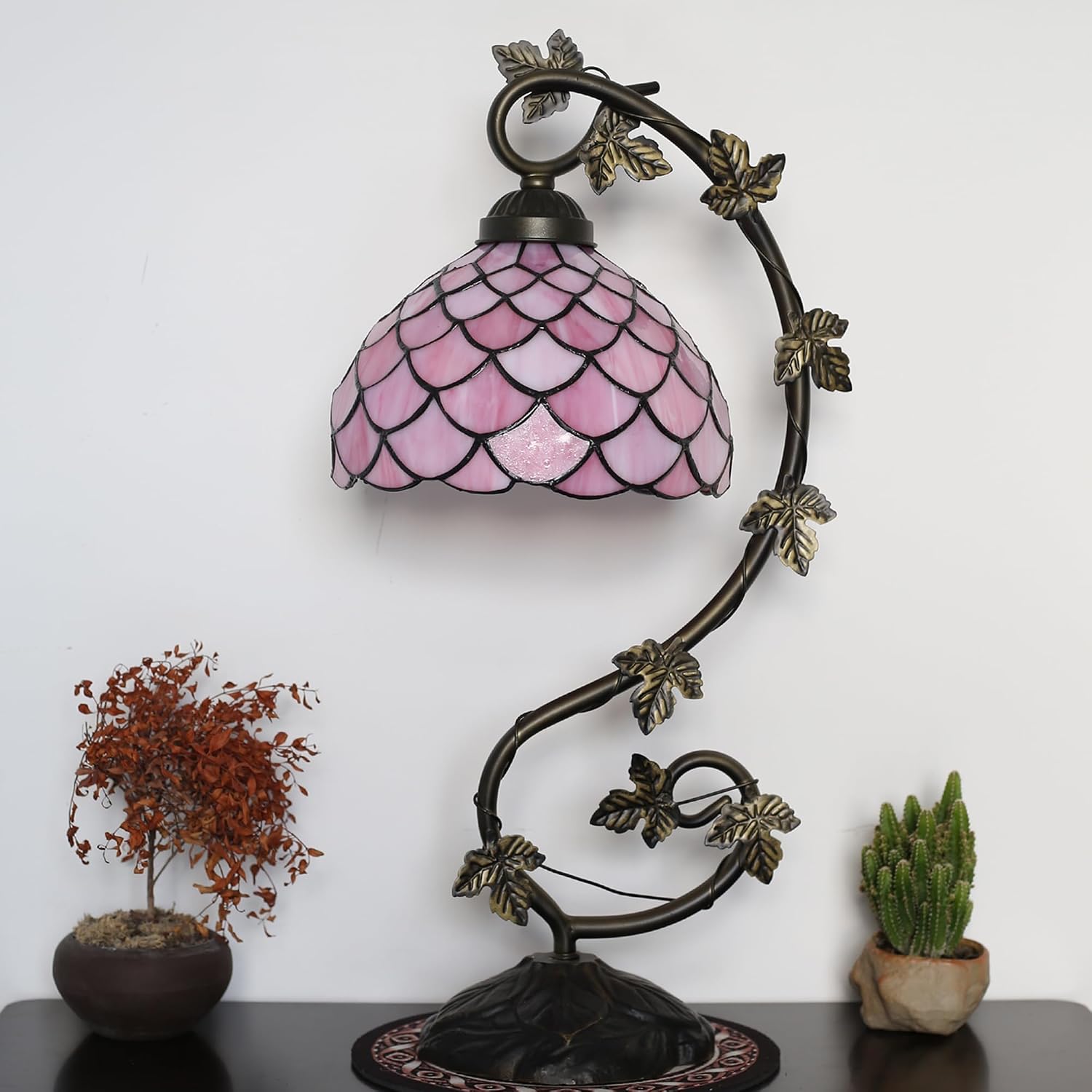 Tiffany Lamp Stained Glass Style Table Lamp 8 x 10 x 21” Pink Fishscale Bedside Reading Light with Arched Metal Leaf Base for Desk Bedroom Living Room Study