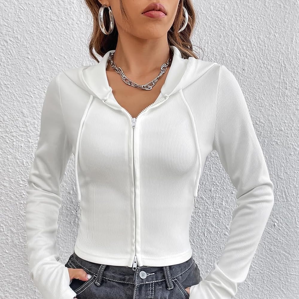 Fuimsul Women Zip Up Drawstring Crop Hoodie Long Sleeve Slim