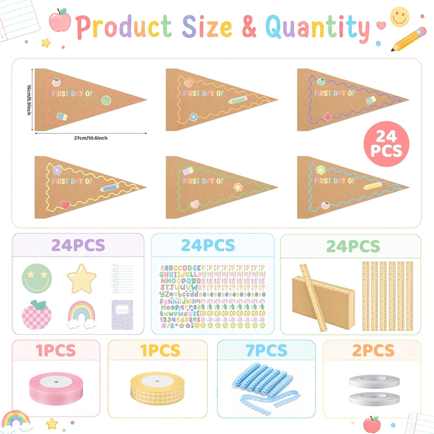 Cinrobiye 24 Set First Day of School Pennant Flags DIY Back to School Photo Props Sign Kit with Ruler Grade Stickers Classroom Welcome Decorations for Kindergarten Elementary Preschool Supplies image 2