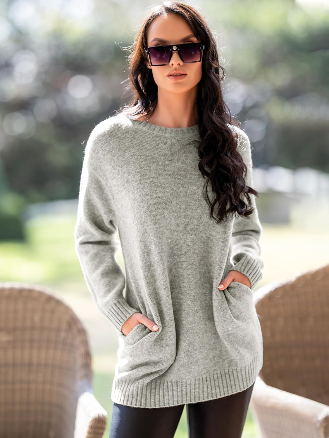 Seta T Women's Sweaters Long Sleeve Crewneck Cozy Oversized Sweater Loose Fit Tunic Tops with Pockets