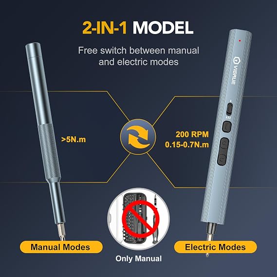 VIGRUE Electric Screwdriver, 155 IN 1 Mini Precision Screwdriver Set, 3 Torque Settings with 140 Magnetic Precision Bits, Power 650mAh Cordless Screwdriver Kit for Laptop Camera Watch Drones Repair