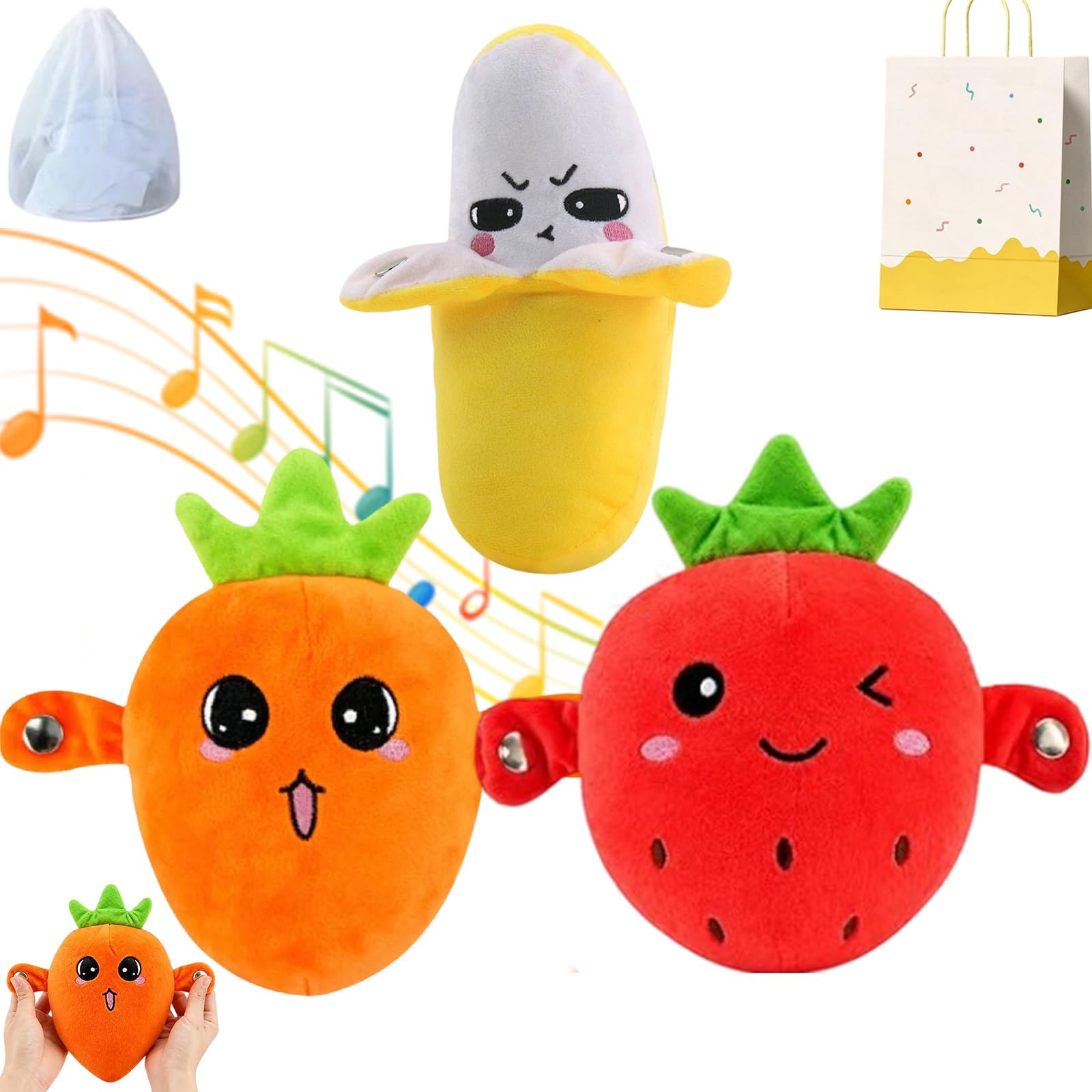 Pnedeodm Interactive Music Plush Toy, Touch-Sensor Soft Interactive Figure for Kids, Fun & Playful Sound-Activated Toys, Touch-Sensitive Banana & Fruit Plush Musical Sensory Toy (3Pcs-Mix)